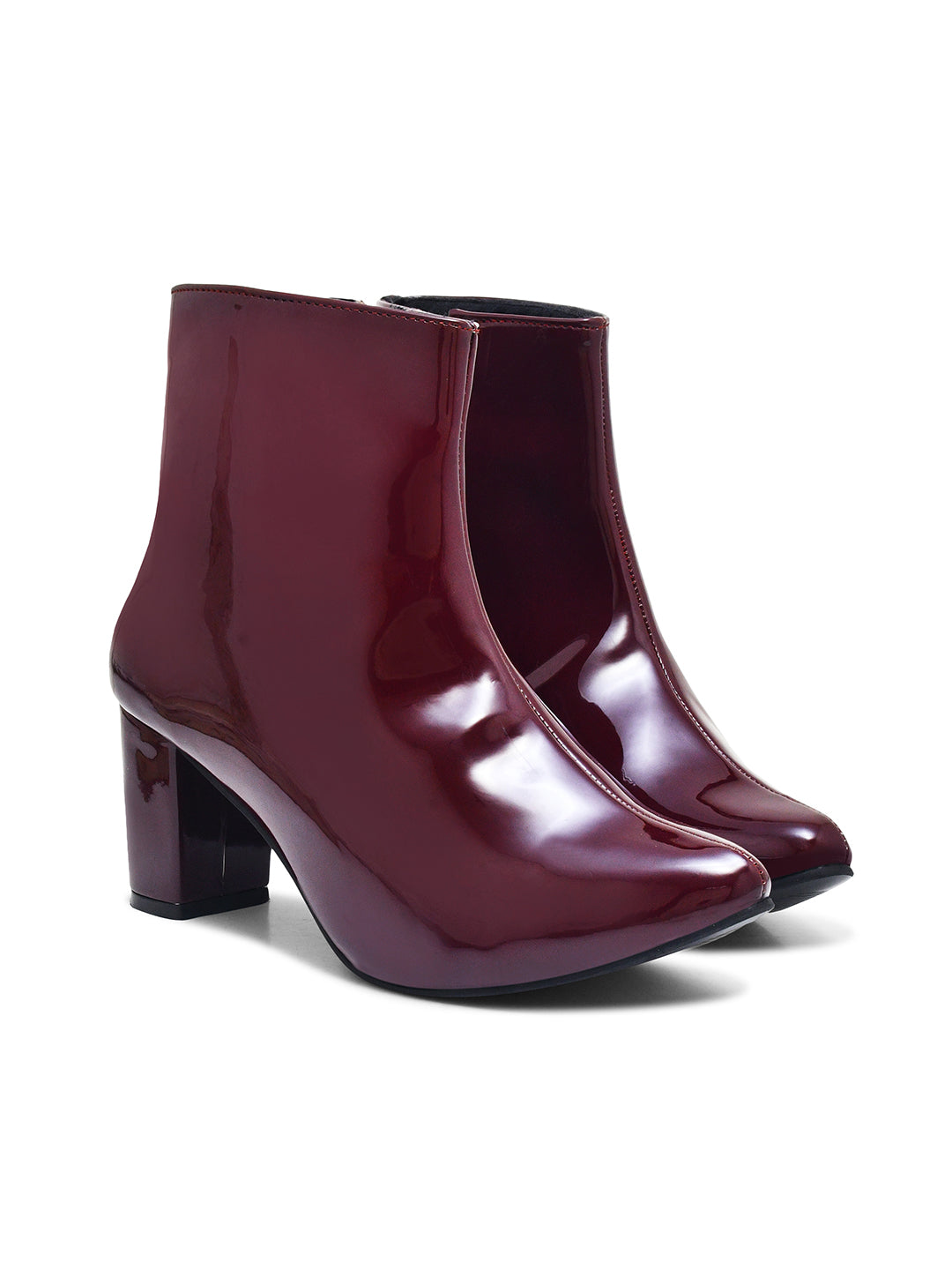 JM Looks Women Glossy Patent Block Heel Ankle Boots with Side Zip