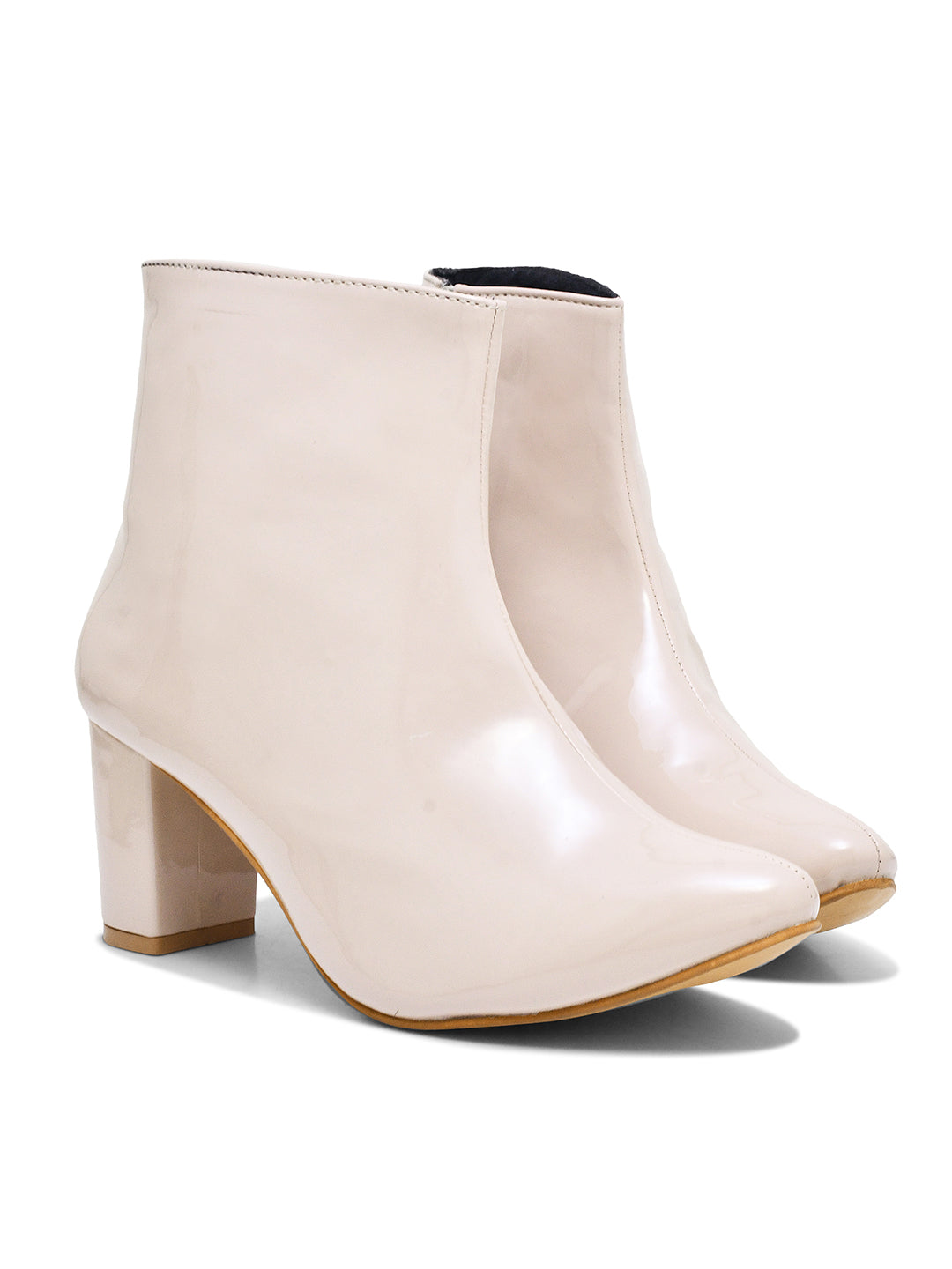 JM Looks Women Glossy Patent Block Heel Ankle Boots with Side Zip
