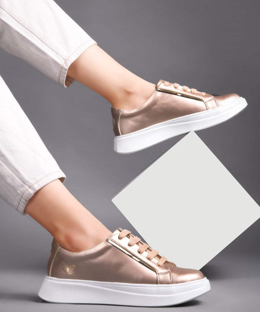 JM Looks Metallic Sneakers for Women | Lace-Up Chunky Sole