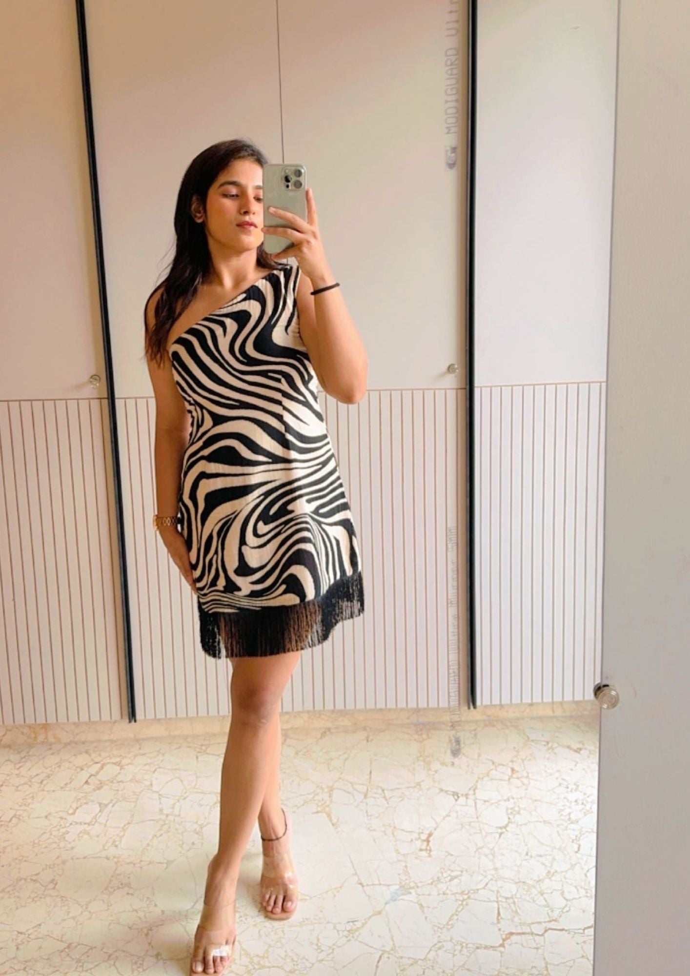 Studio OJS One Shoulder Zebra Print Dress