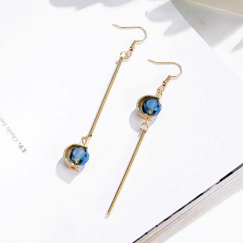 Salty Double C Shape Asymmetric Blue Stone Grey Stone Drop Earrings