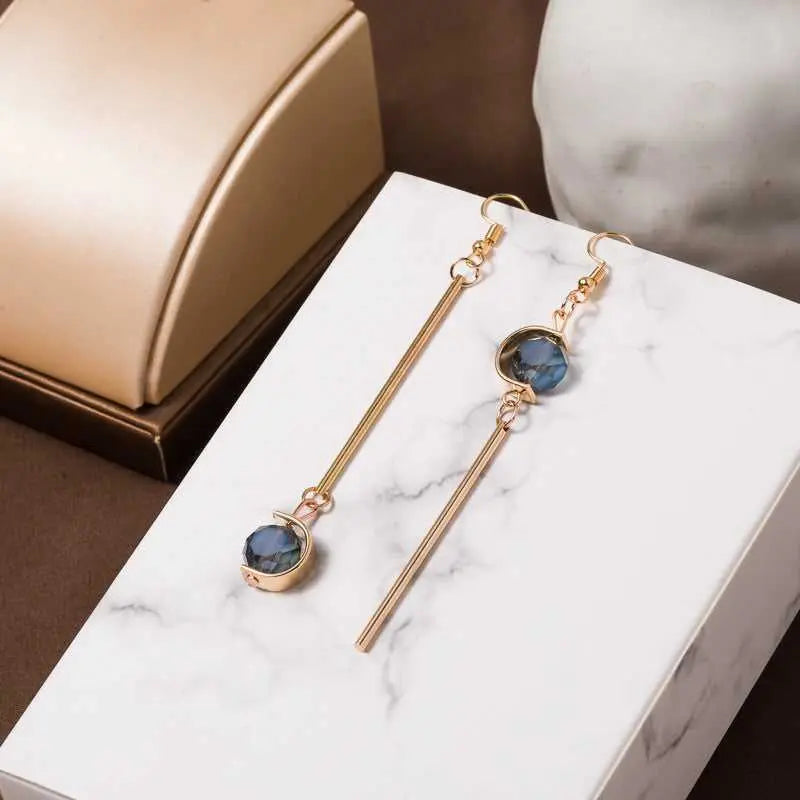 Salty Double C Shape Asymmetric Blue Stone Grey Stone Drop Earrings