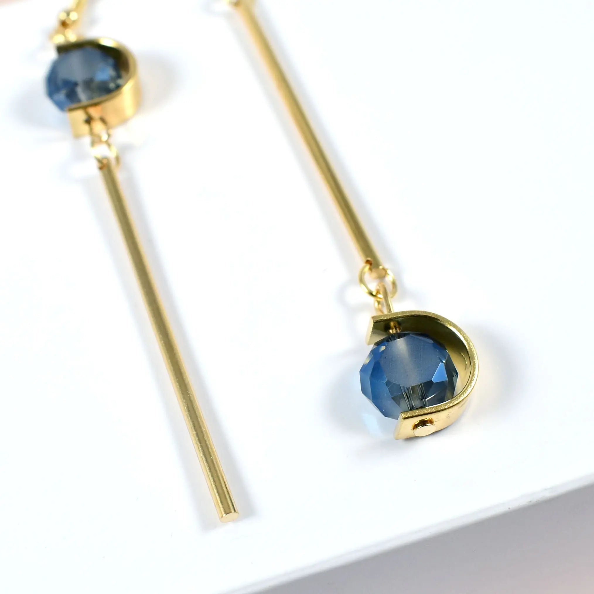 Salty Double C Shape Asymmetric Blue Stone Grey Stone Drop Earrings