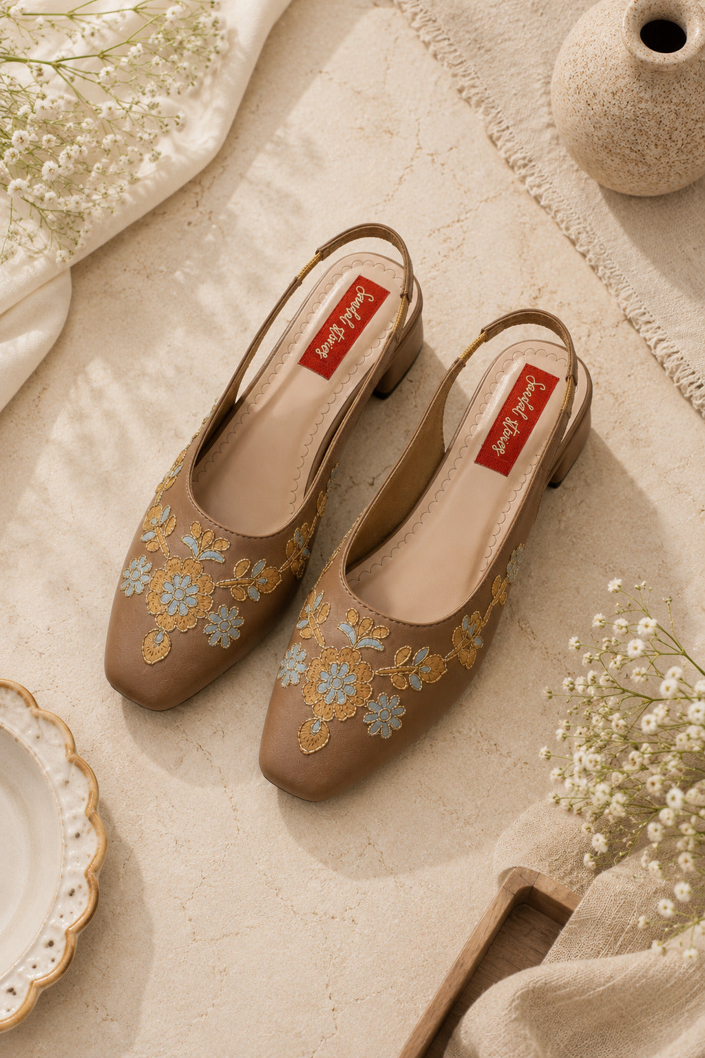 Sandal Stories Mocha Meadow Floral Embroidered Slingback Heels