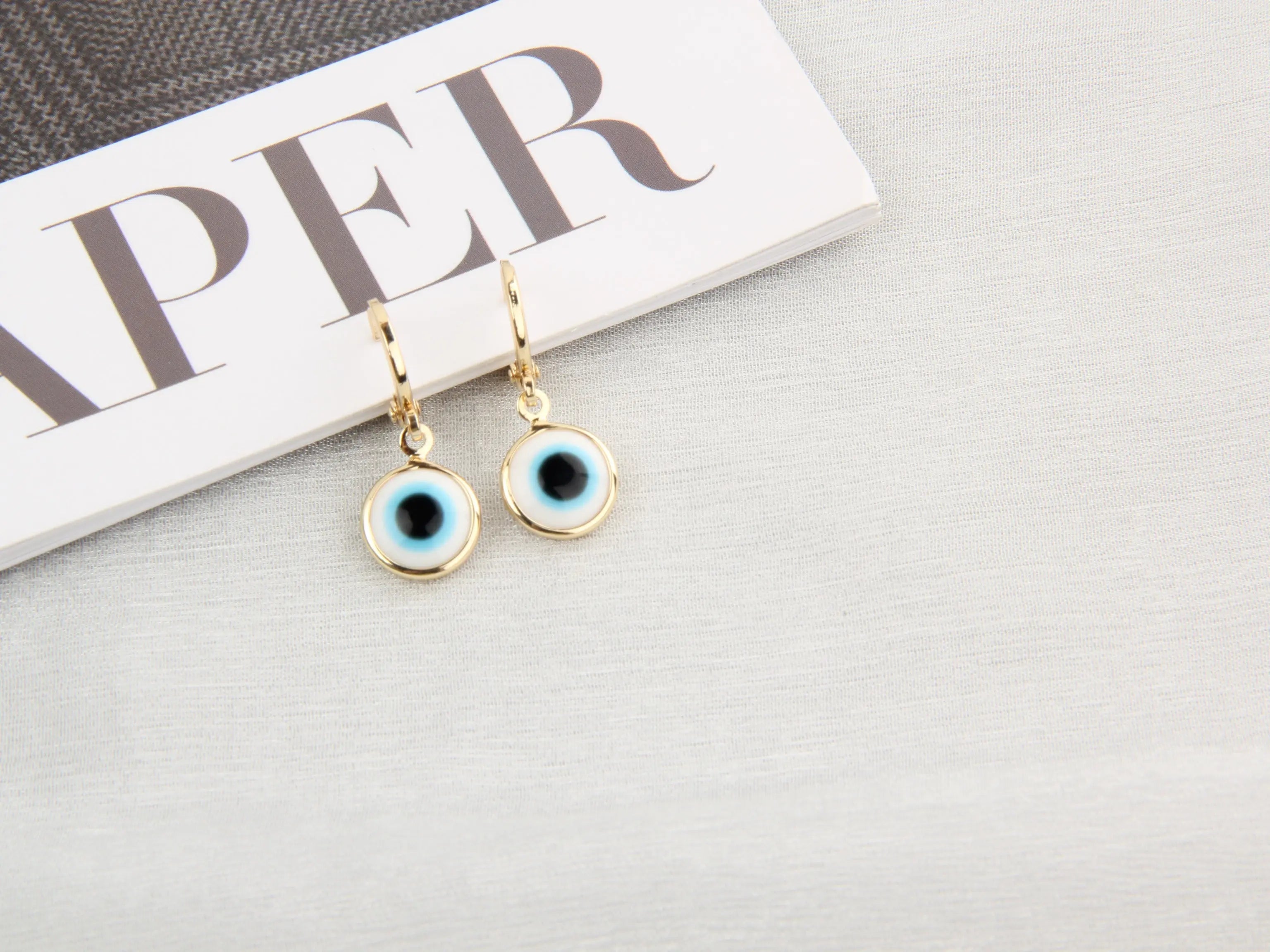 Salty Evil Eyes Gold Brim Wind Drop Earrings - Light Blue