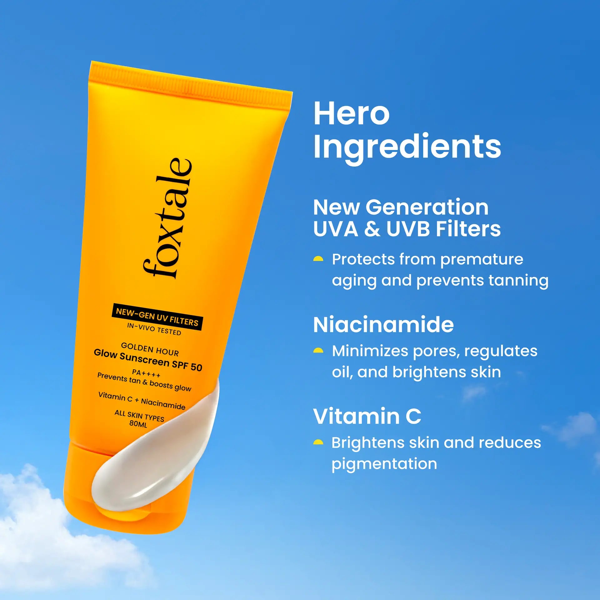 Foxtale Glow sunscreen SPF 50, In-Vivo Tested with PA++++ - 80ml