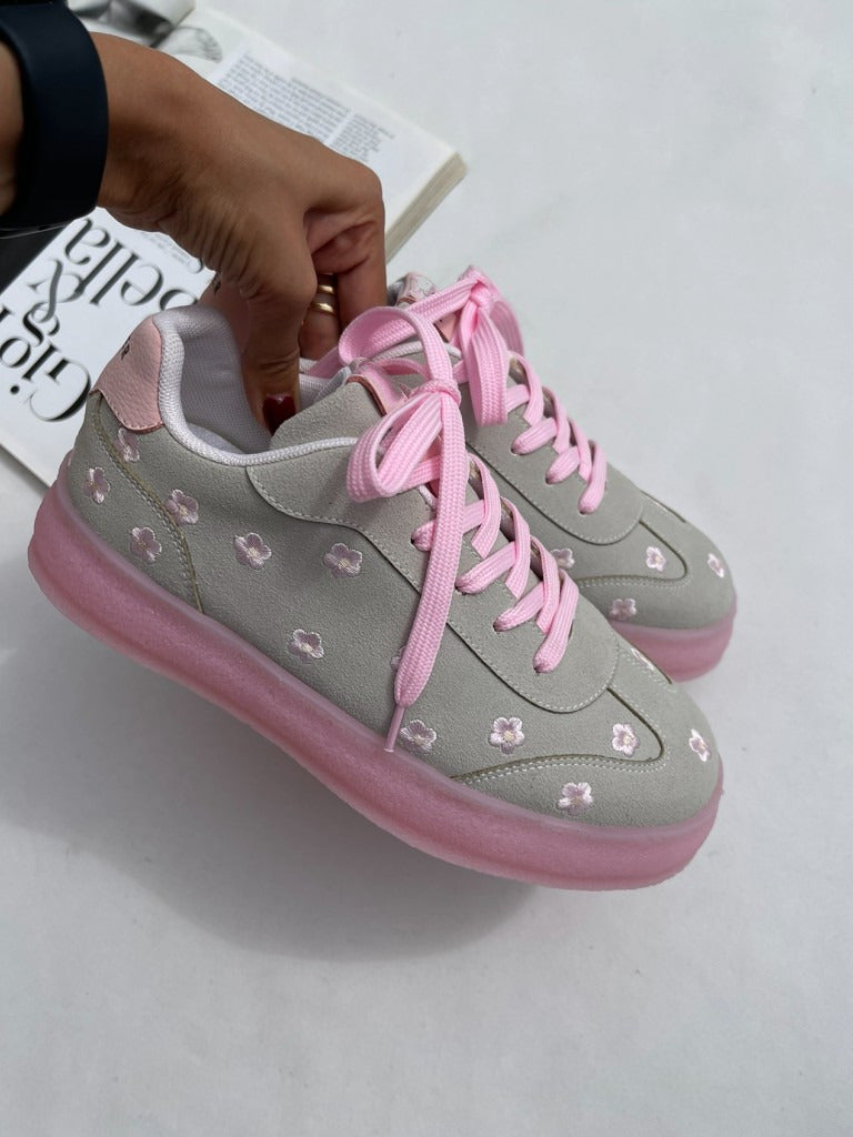 JM Looks Suede Flower Printed Low-Top Sneakers