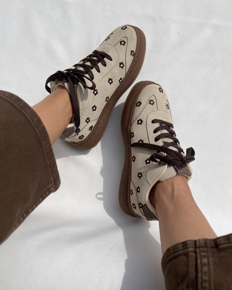 JM Looks Suede Flower Printed Low-Top Sneakers