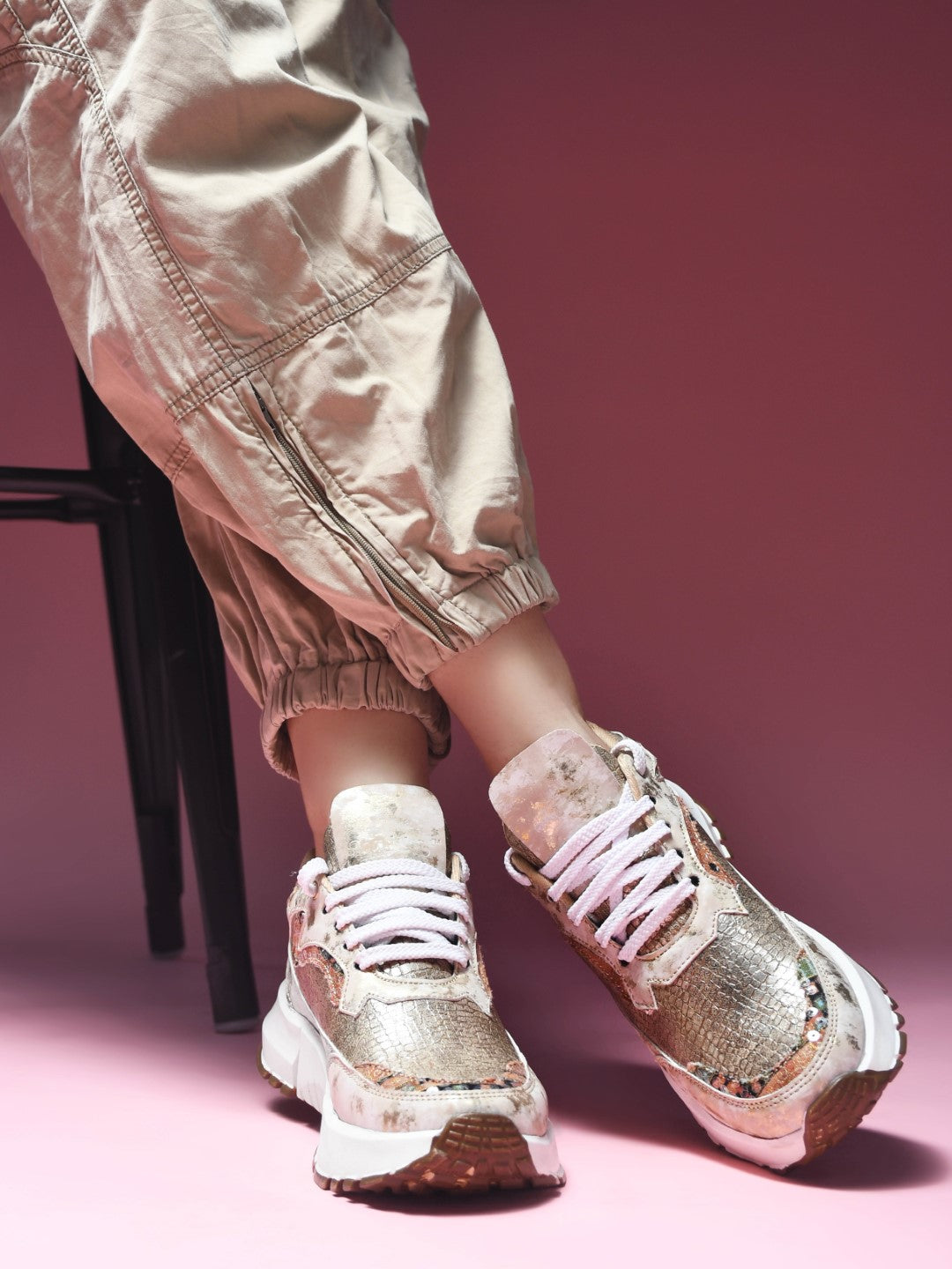 JM Looks Metallic Mesh Chunky Sneakers For Women