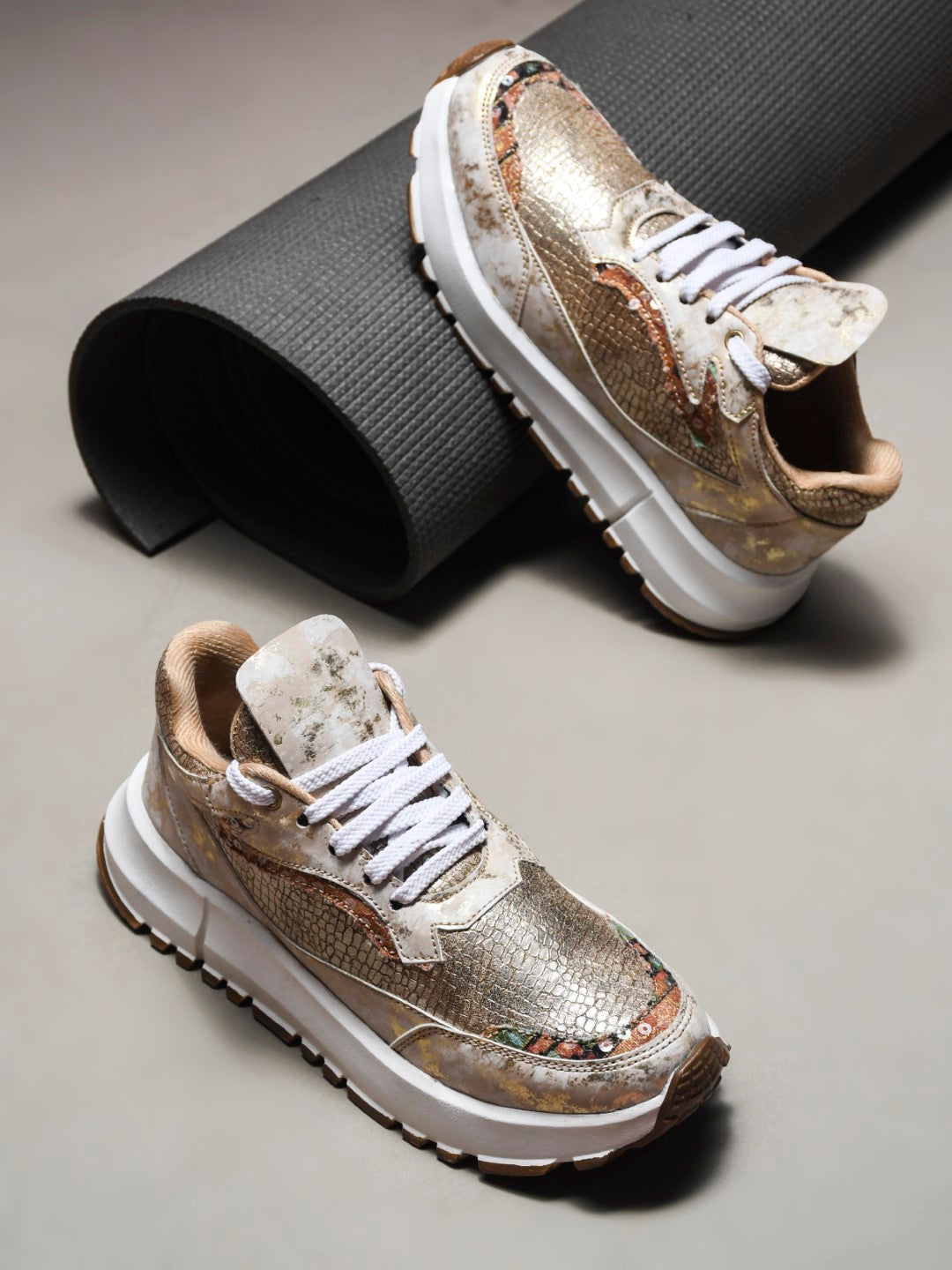 JM Looks Metallic Mesh Chunky Sneakers For Women