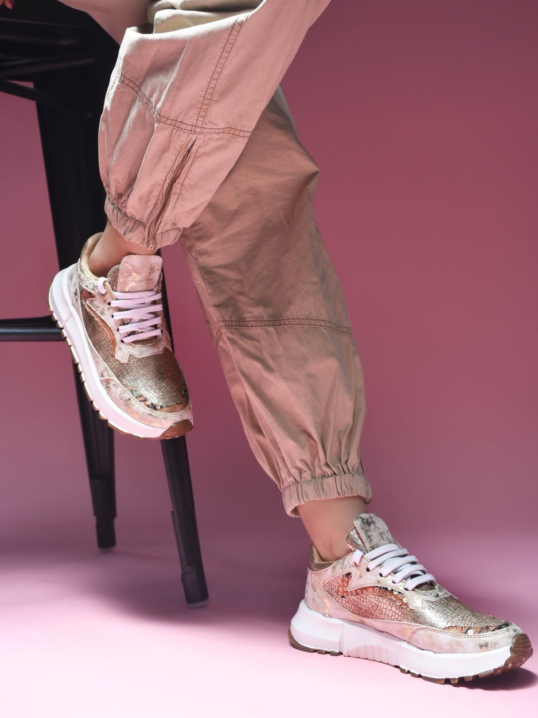 JM Looks Metallic Mesh Chunky Sneakers For Women