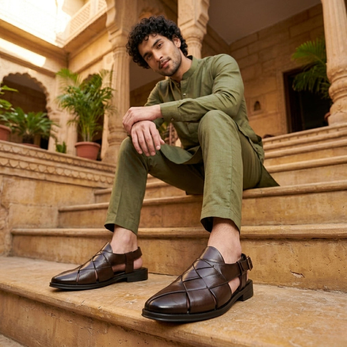 Hirolas Men's Peshawari Shoe Style Vegan Leather Roman Ethnic Sandal