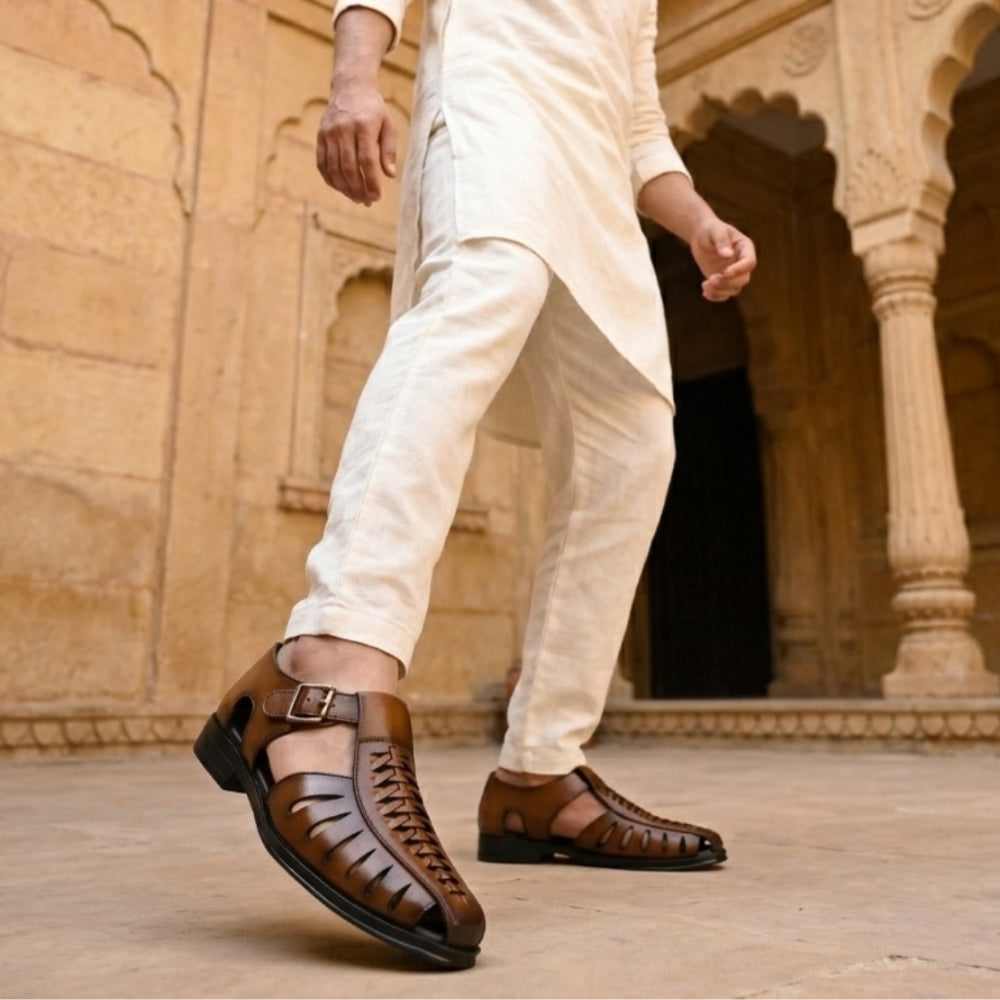 Hirolas Men's Peshawari Shoe Style Vegan Leather Roman Ethnic Sandal