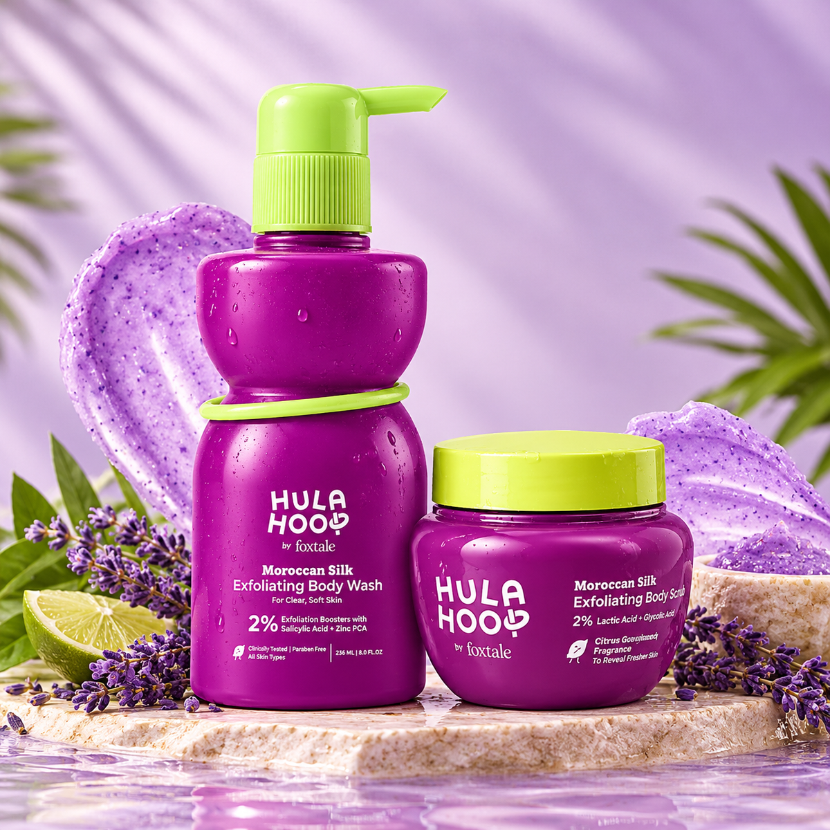 Foxtale Hula Hoop Foaming Exfoliating Body Polish - 75g + Hula Hoop 2% Salicylic Acid Exfoliating Body Wash Combo
