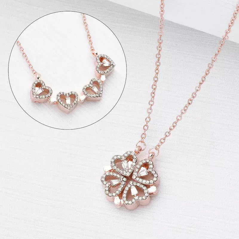 Salty Hyacinth 4-pcs Zircon Heart Magnetic Clover Necklace - Rose Gold