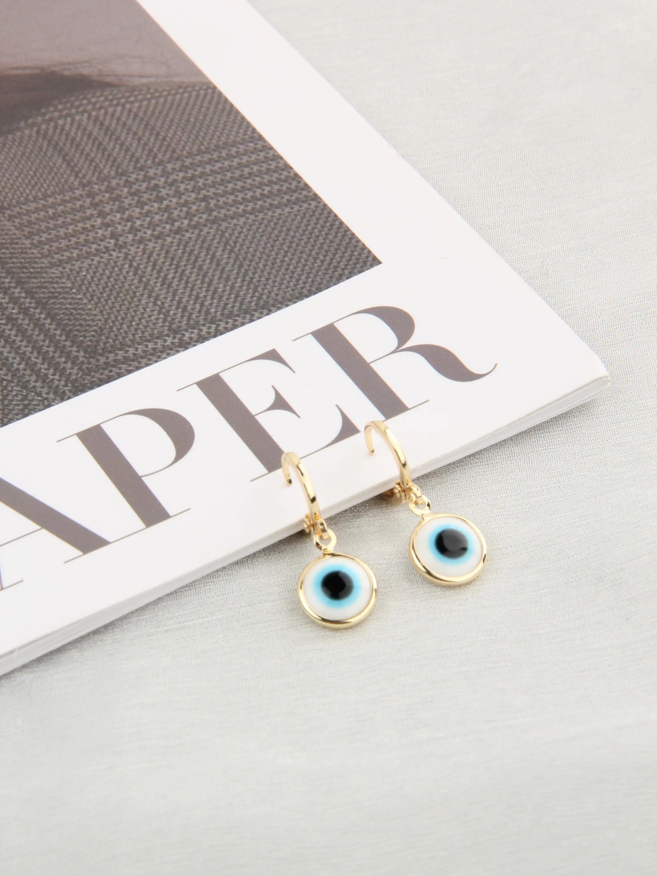 Salty Evil Eyes Gold Brim Wind Drop Earrings - Light Blue