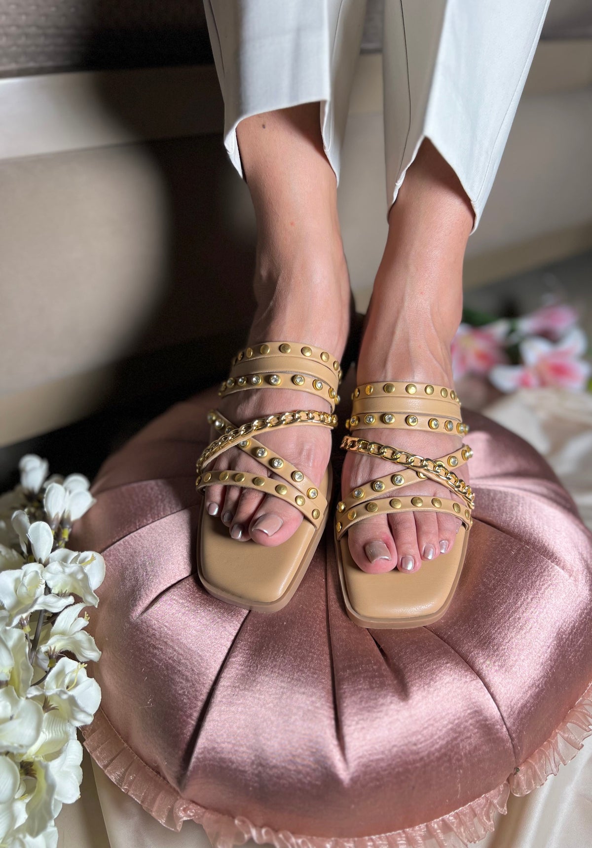 Sandal Stories Golden Studded Cross-Strap Flats