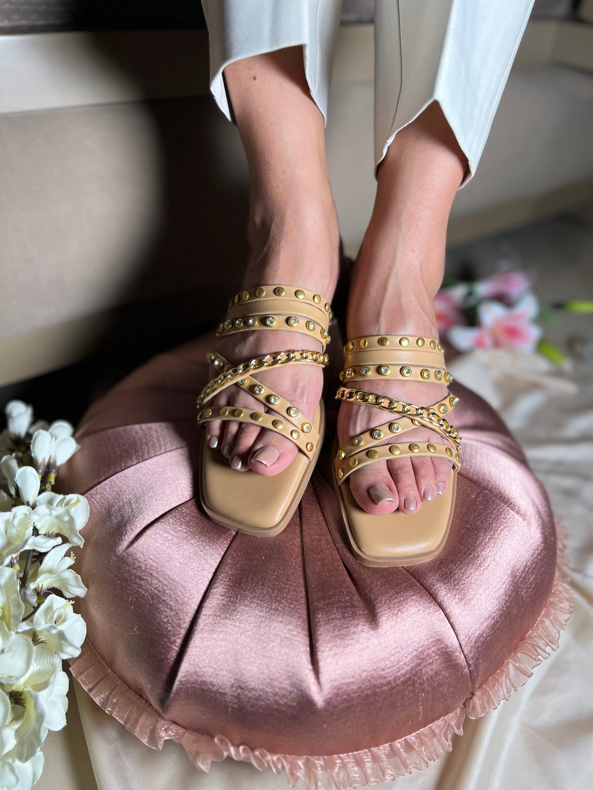Sandal Stories Golden Studded Cross-Strap Flats