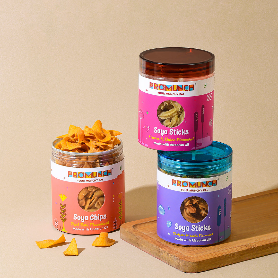 Promunch Combo Pack - Soya Sticks (Chatpata Masala, Cream Onion) + Soya Chips (Peri Peri) - 100Gm X 3