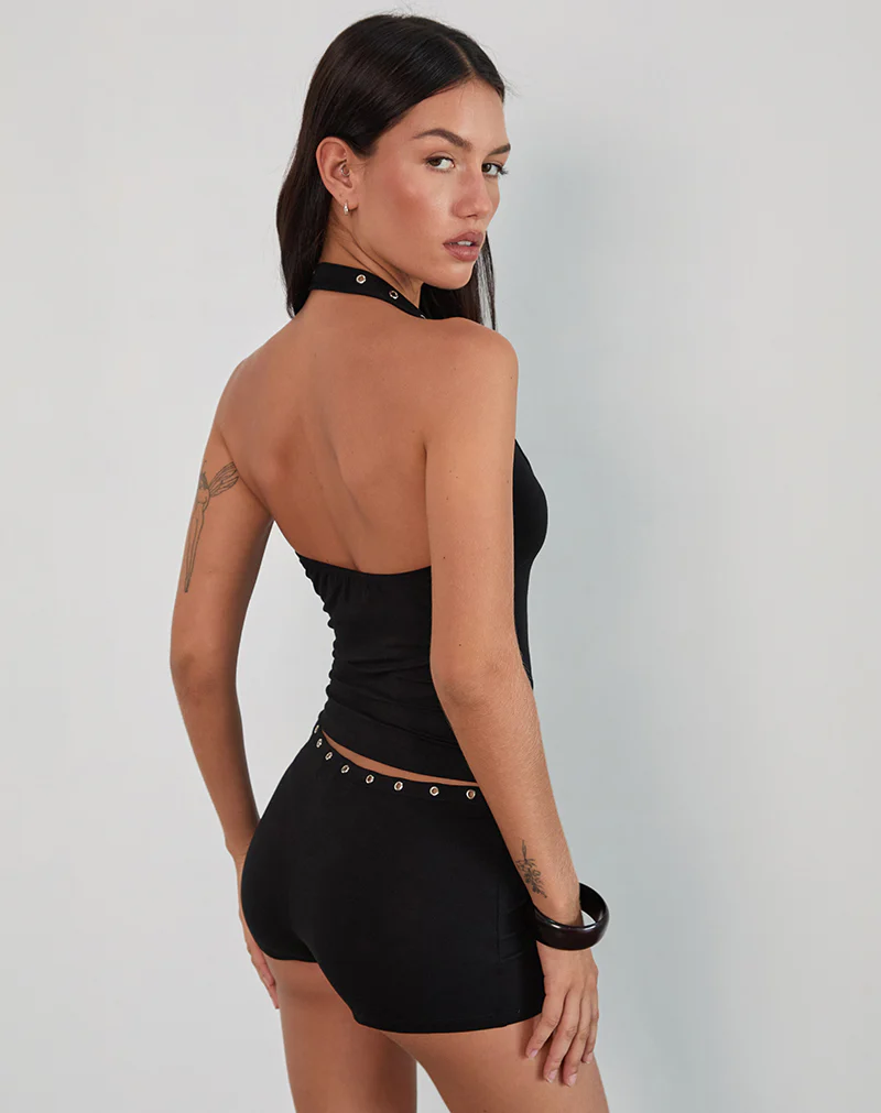 Mywishbag Halterneck Top In Brown With Eyelets - Polyester Blend