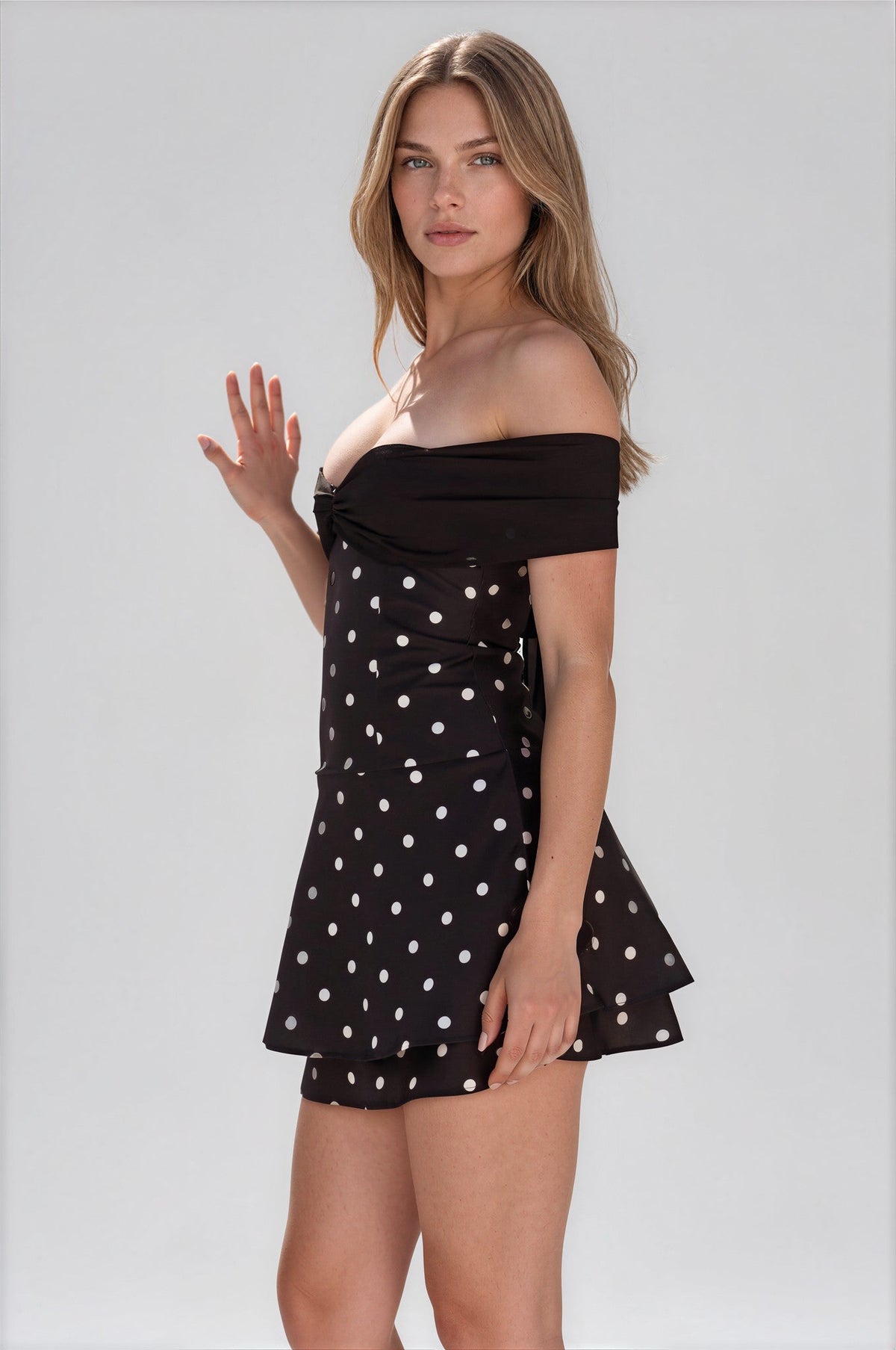 Mywishbag Off Shoulder Mini Dress - Black/White Polka - Black - Mesh
