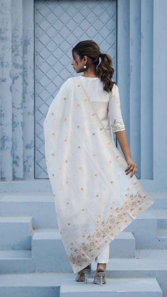 Label Flavia Cotton Jacquard Kurta Pant Dupatta Set for Women – Intricate Ada Work