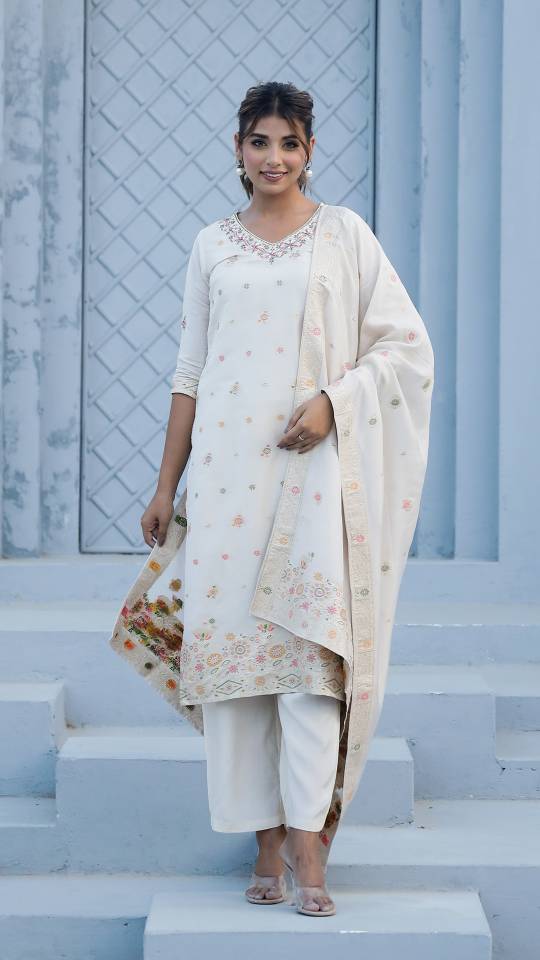 Label Flavia Cotton Jacquard Kurta Pant Dupatta Set for Women – Intricate Ada Work
