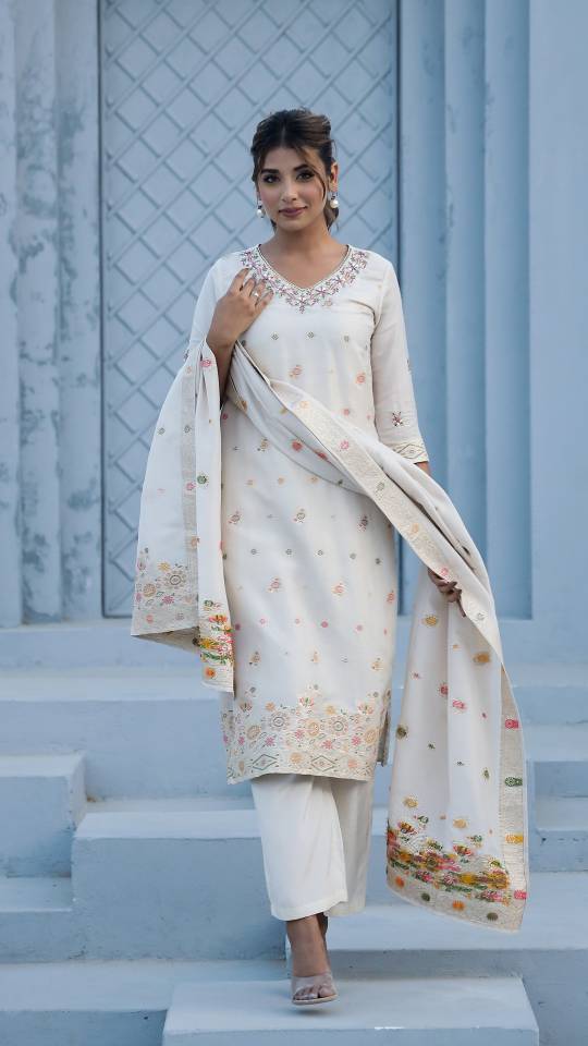 Label Flavia Cotton Jacquard Kurta Pant Dupatta Set for Women – Intricate Ada Work