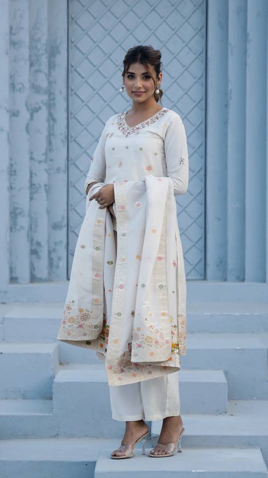 Label Flavia Cotton Jacquard Kurta Pant Dupatta Set for Women – Intricate Ada Work