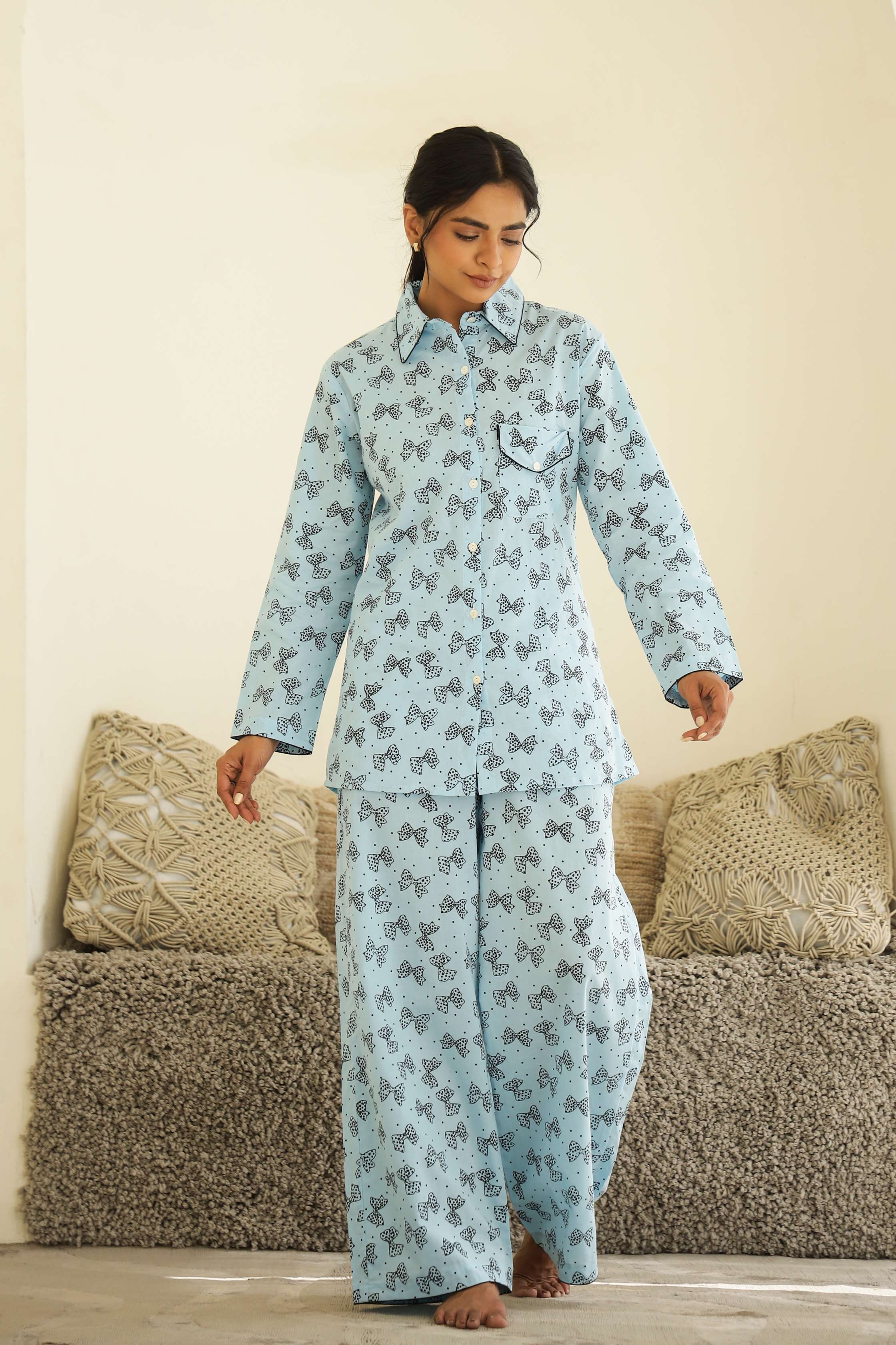 Label Flavia Cozy Butterfly Print Cotton Night Suit