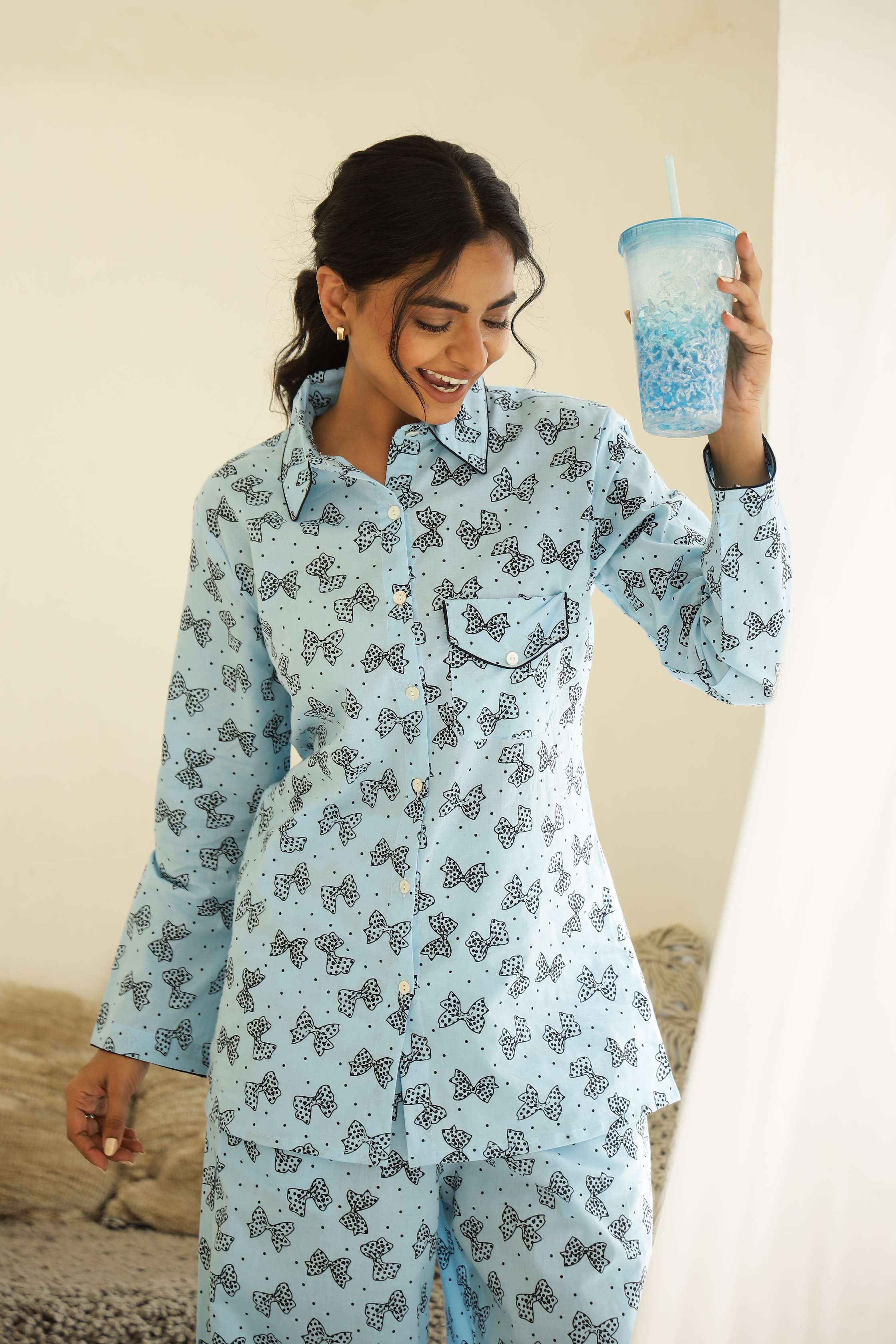 Label Flavia Cozy Butterfly Print Cotton Night Suit