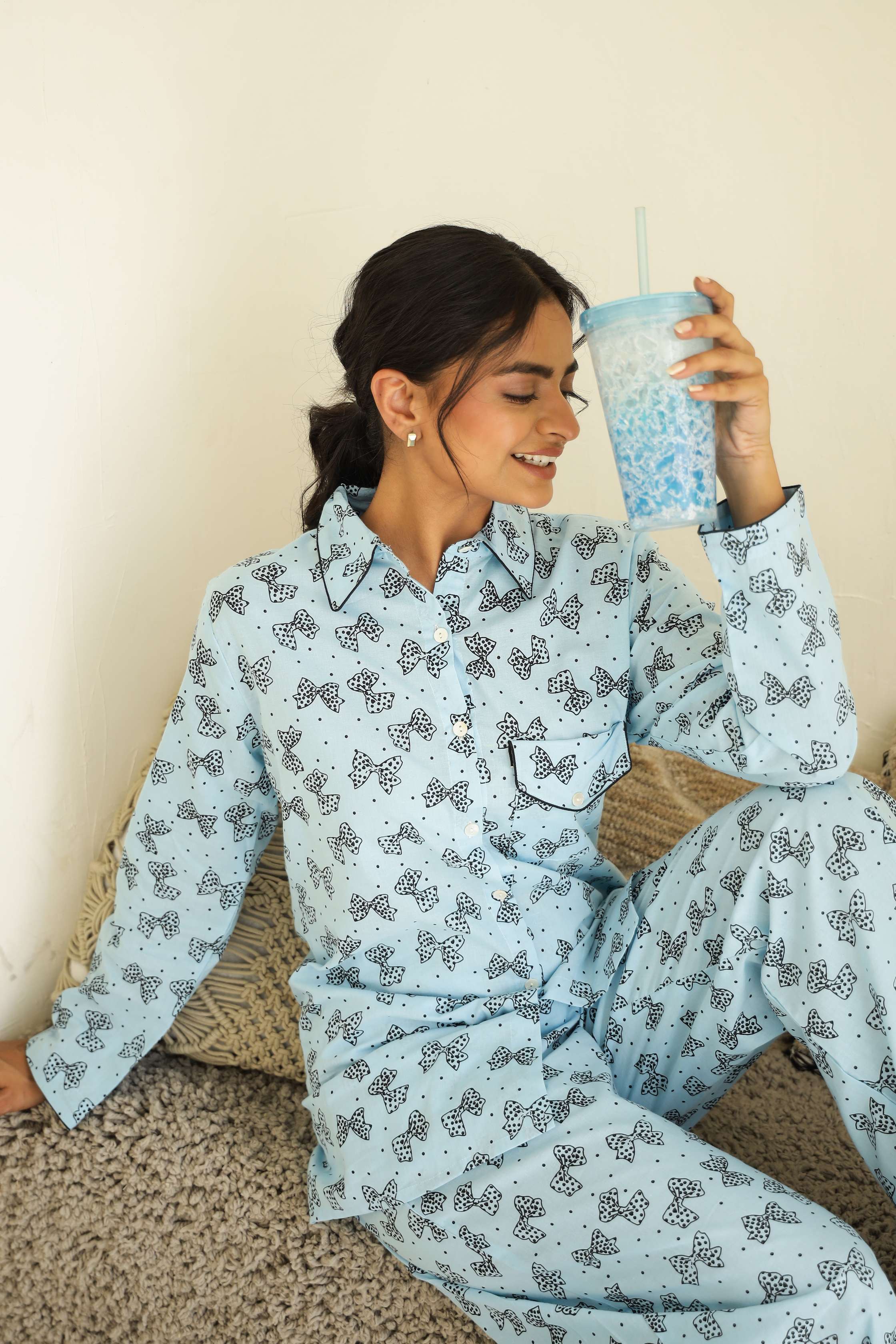 Label Flavia Cozy Butterfly Print Cotton Night Suit