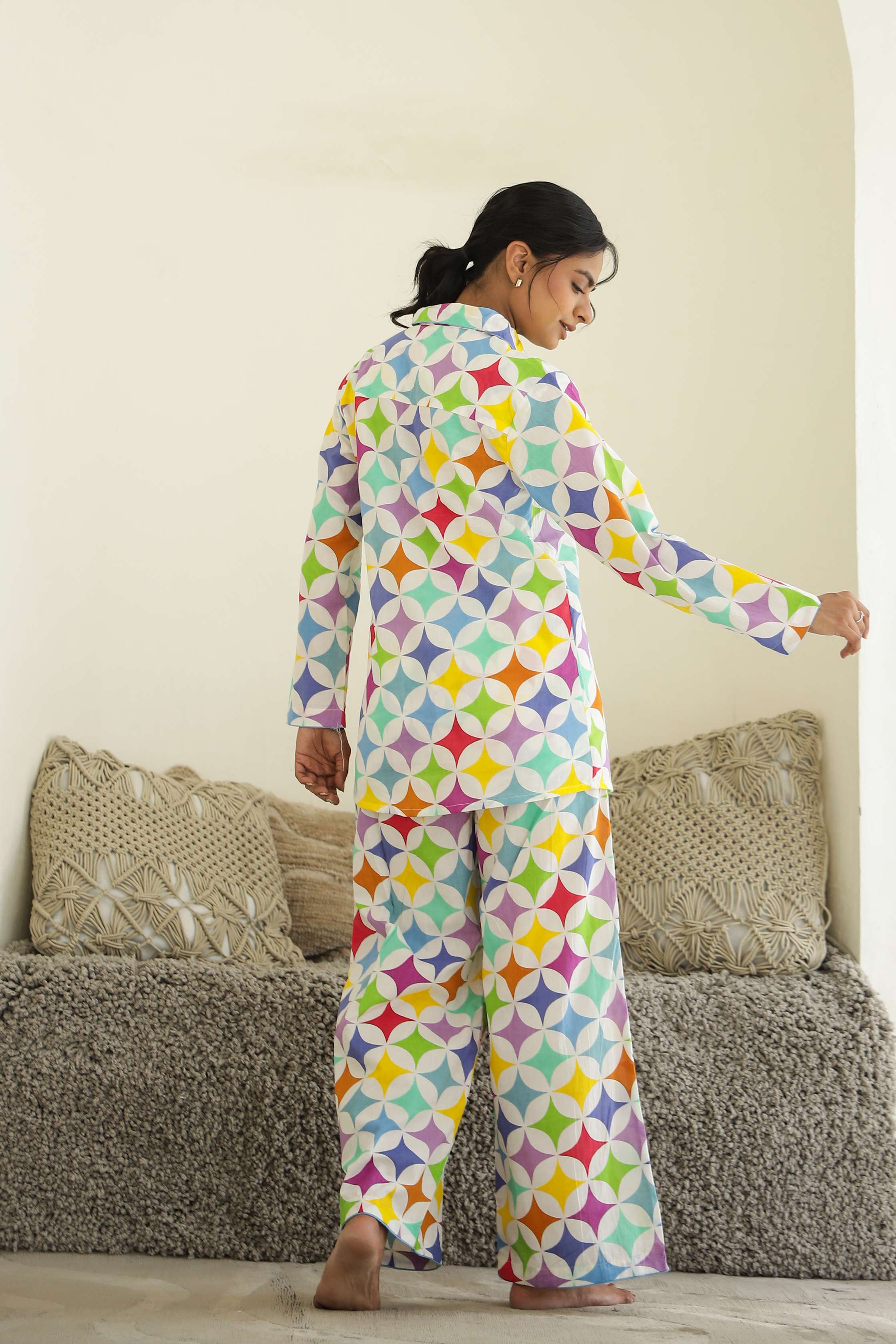 Label Flavia Rainbow Geometry Print Cotton Night Suit