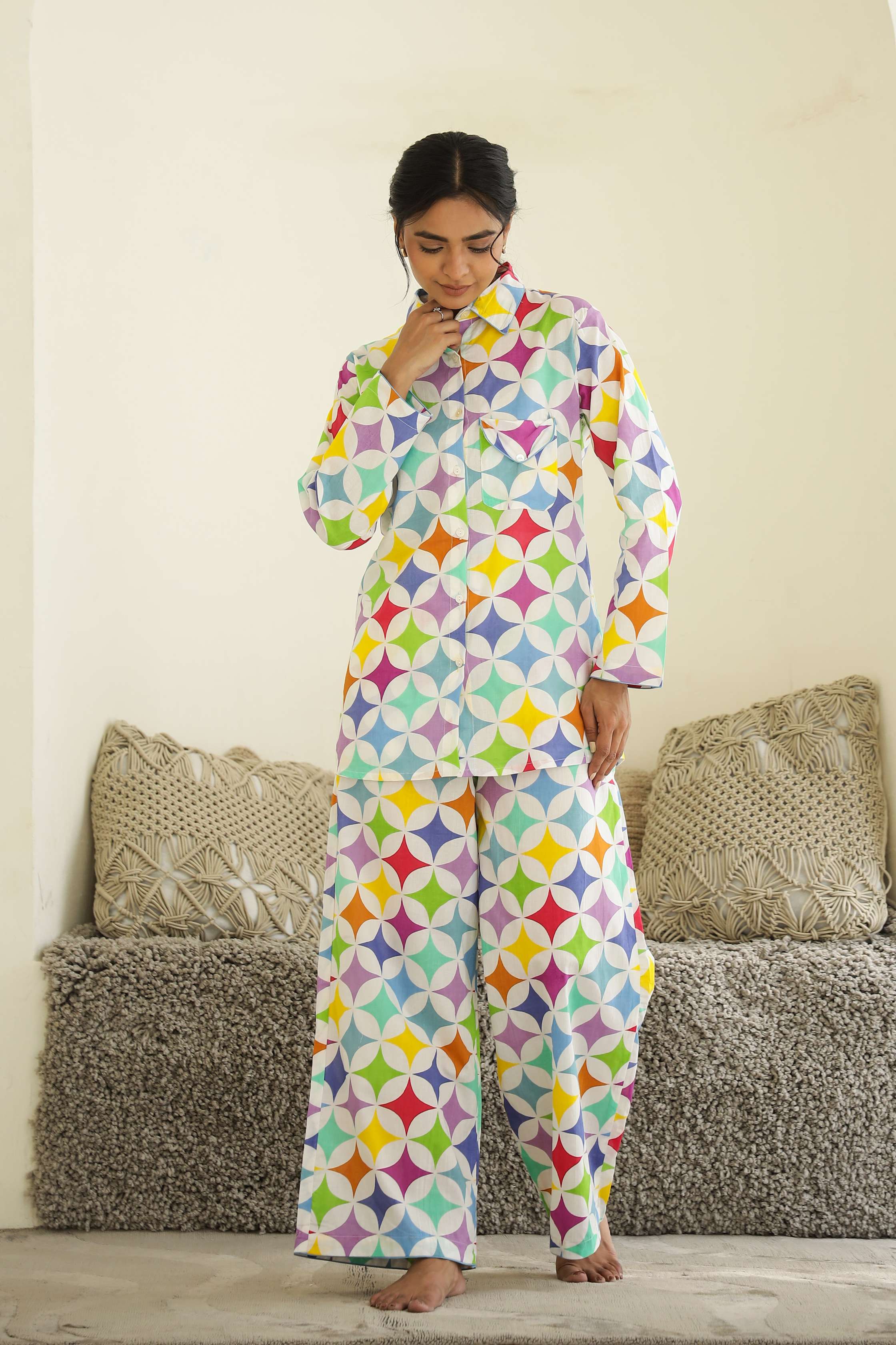 Label Flavia Rainbow Geometry Print Cotton Night Suit