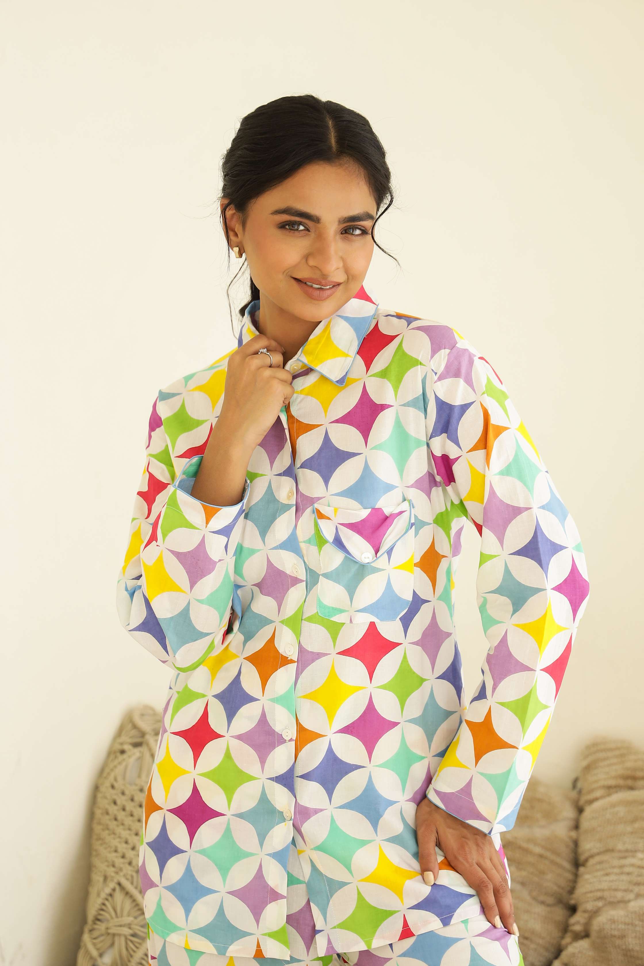 Label Flavia Rainbow Geometry Print Cotton Night Suit