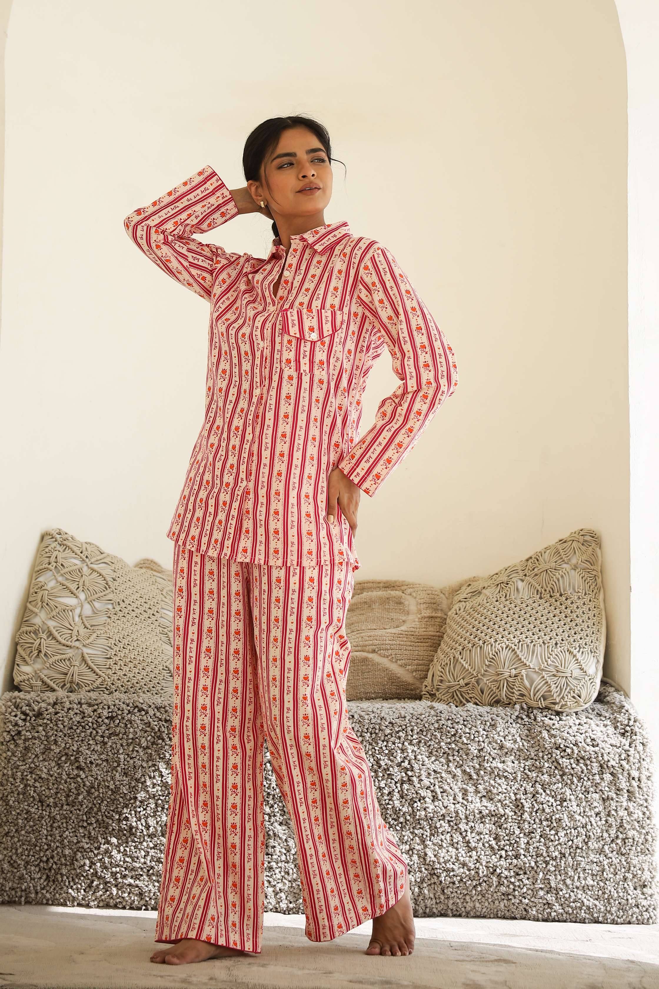 Label Flavia Elegant Striped Cotton Night Suit