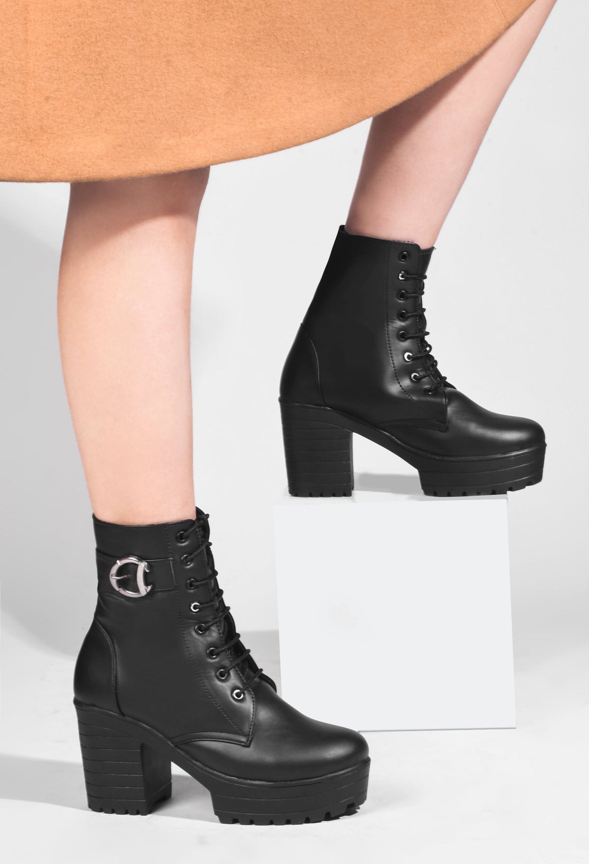 JM Looks Block Heel Platform Ankle Combat Boots for Women with Lace-Up Buckle
