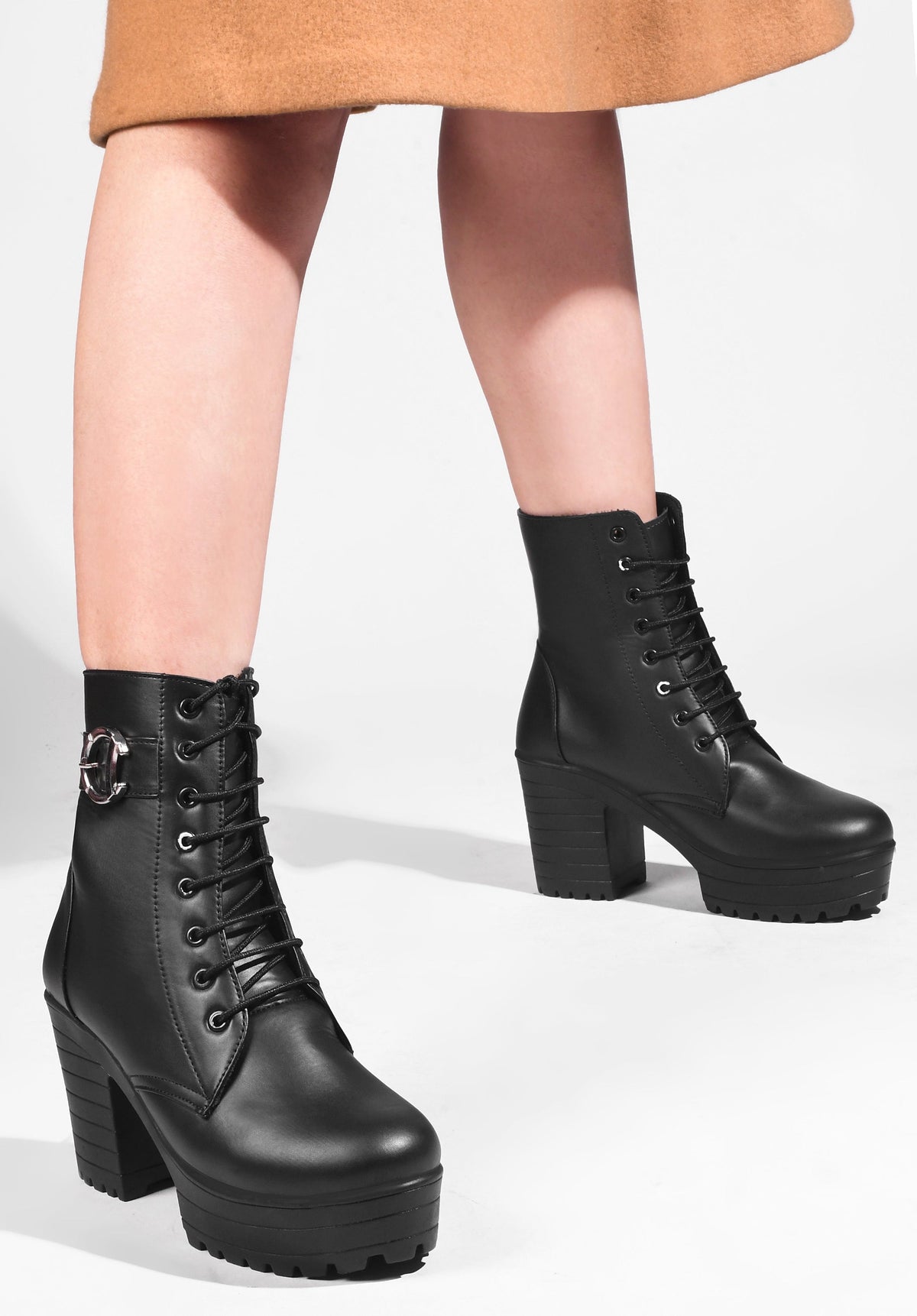 JM Looks Block Heel Platform Ankle Combat Boots for Women with Lace-Up Buckle