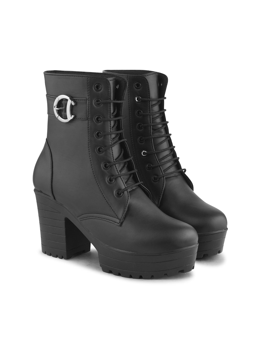JM Looks Block Heel Platform Ankle Combat Boots for Women with Lace-Up Buckle