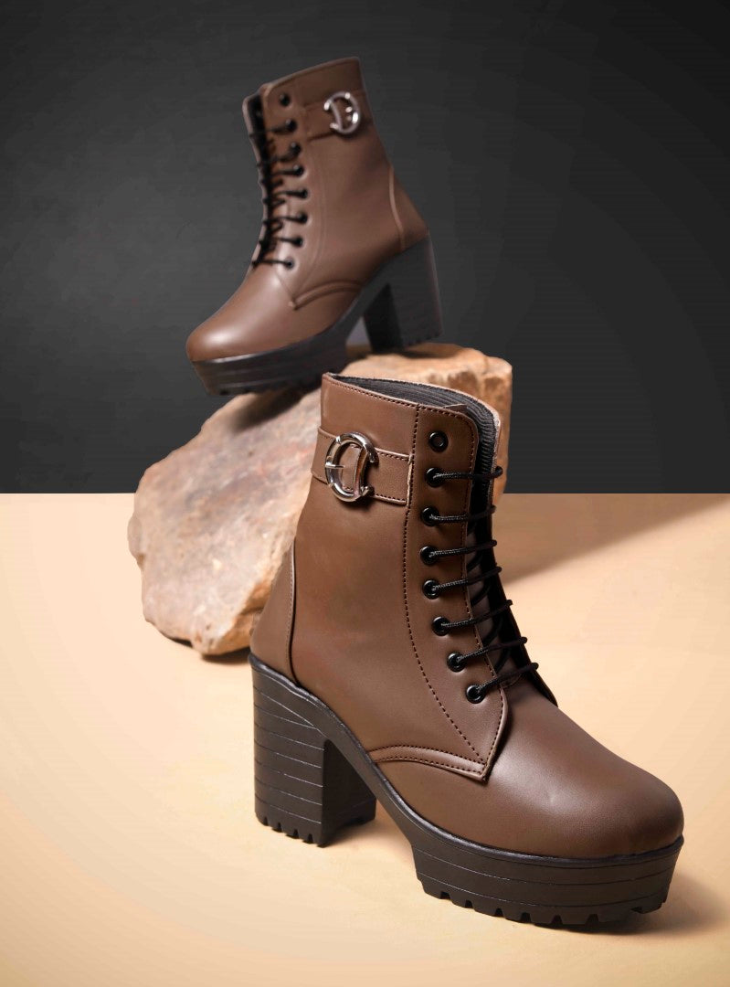 JM Looks Block Heel Platform Ankle Combat Boots for Women with Lace-Up Buckle
