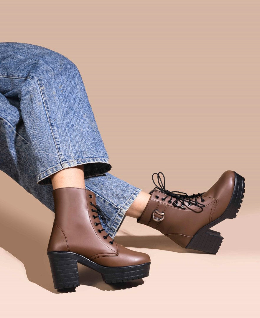 JM Looks Block Heel Platform Ankle Combat Boots for Women with Lace-Up Buckle