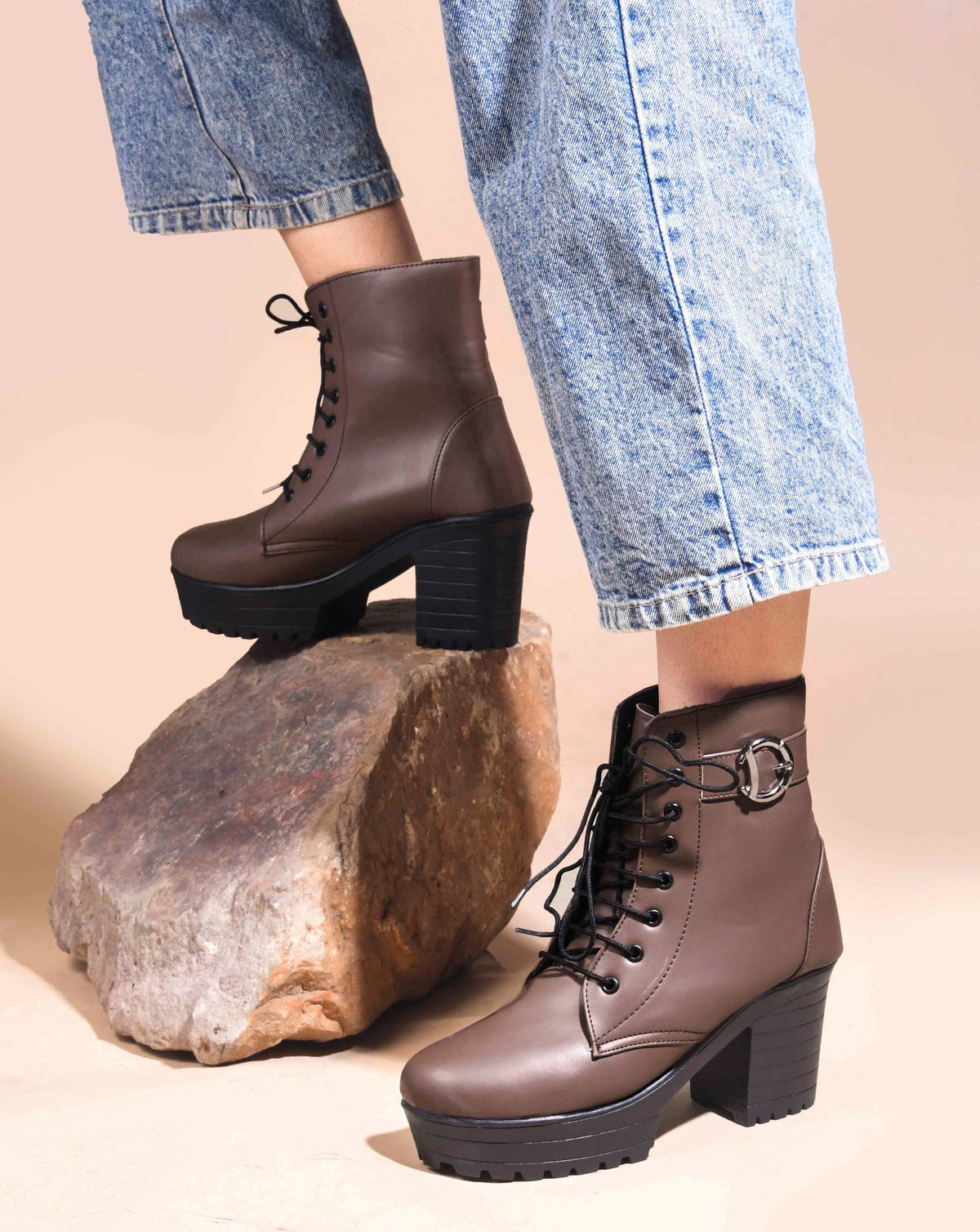 JM Looks Block Heel Platform Ankle Combat Boots for Women with Lace-Up Buckle