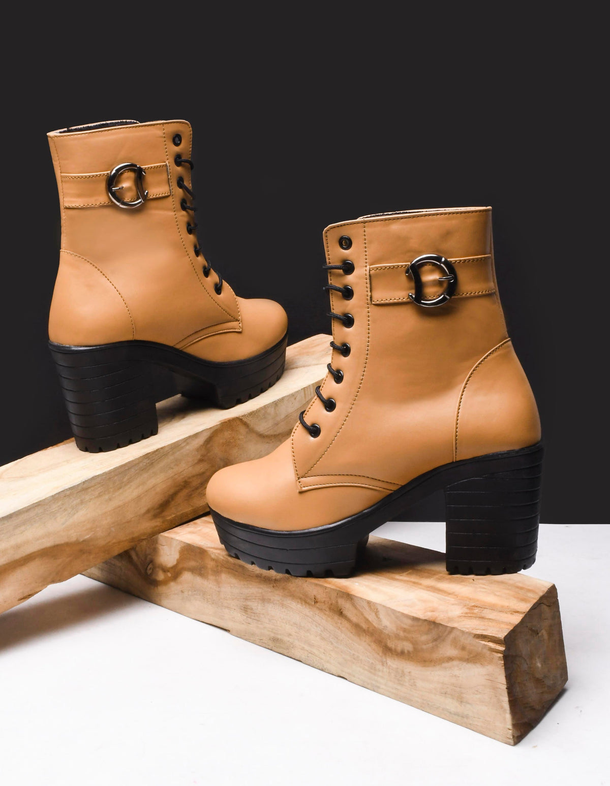 JM Looks Block Heel Platform Ankle Combat Boots for Women with Lace-Up Buckle