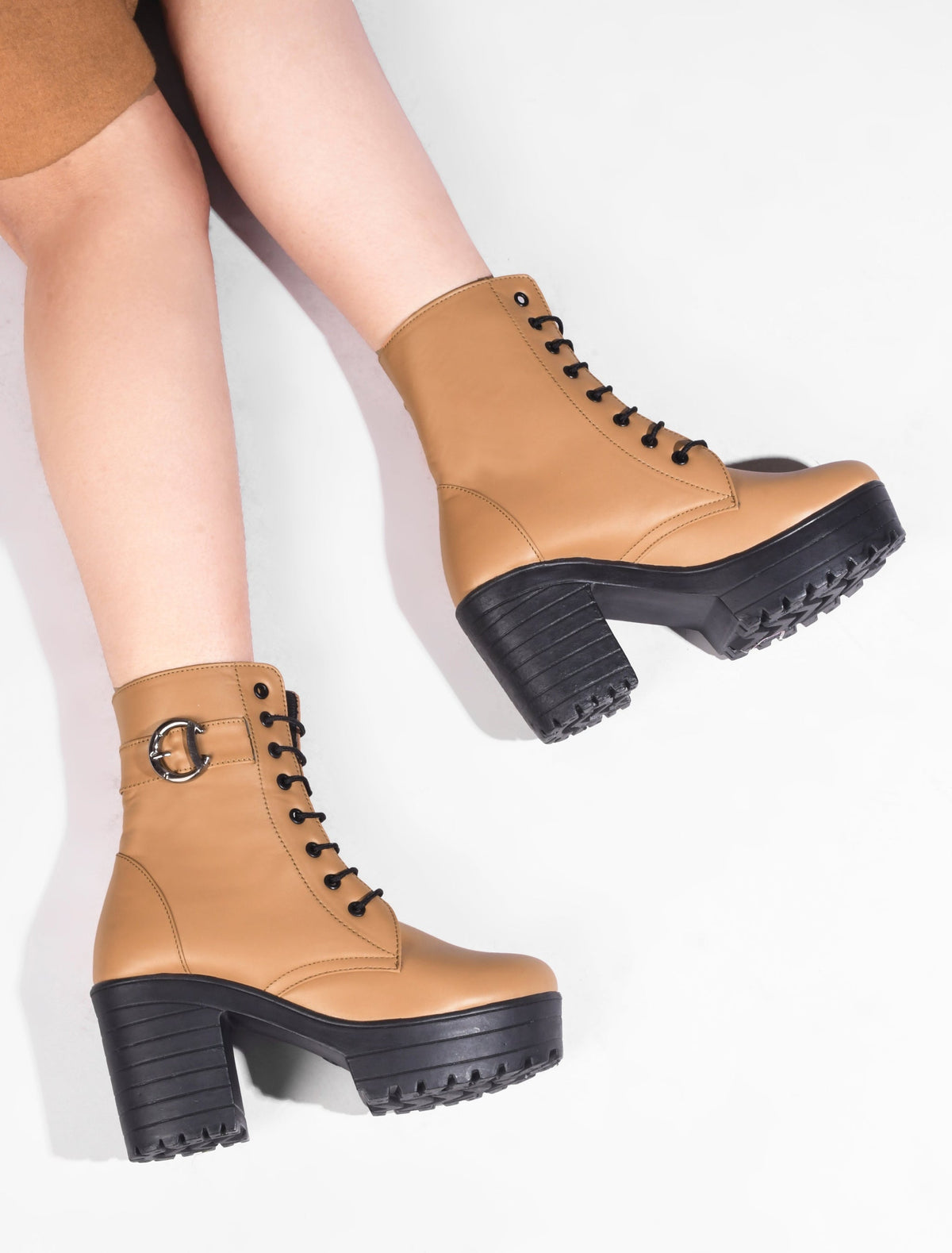 JM Looks Block Heel Platform Ankle Combat Boots for Women with Lace-Up Buckle