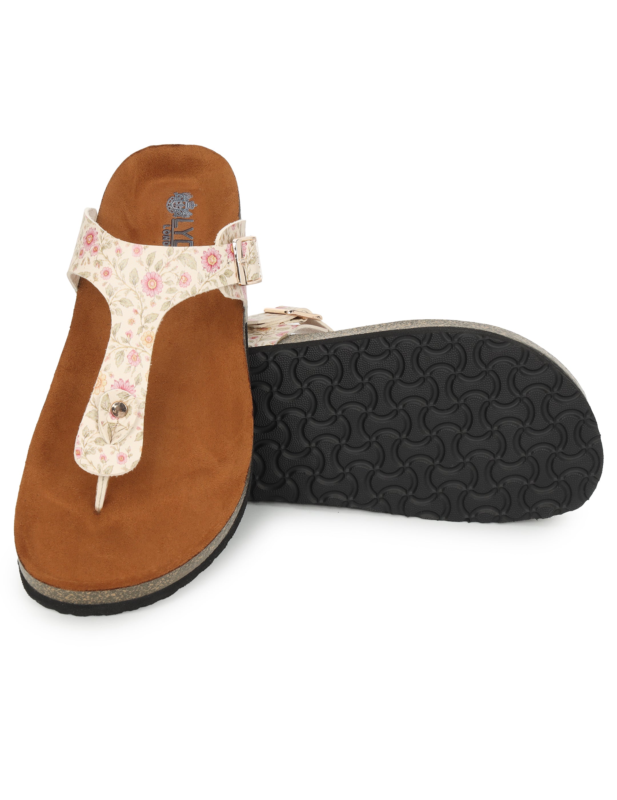 LYDC London - Women's Sanganeri Print T Strap Fashion Sandals - Regent - Beige