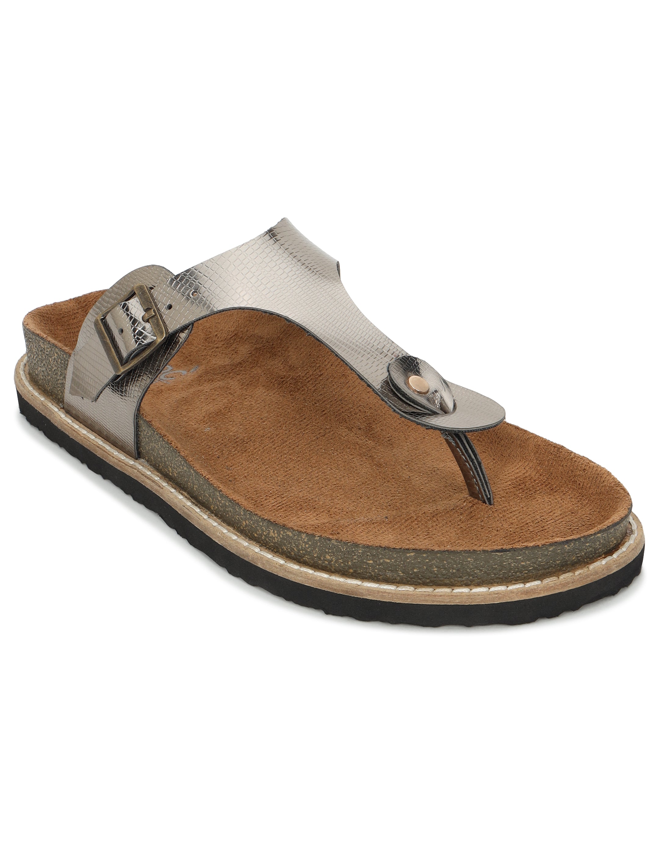 LYDC Gunmetal L Grain Sandals For Women Welt-Crafted T-Strap Sandals