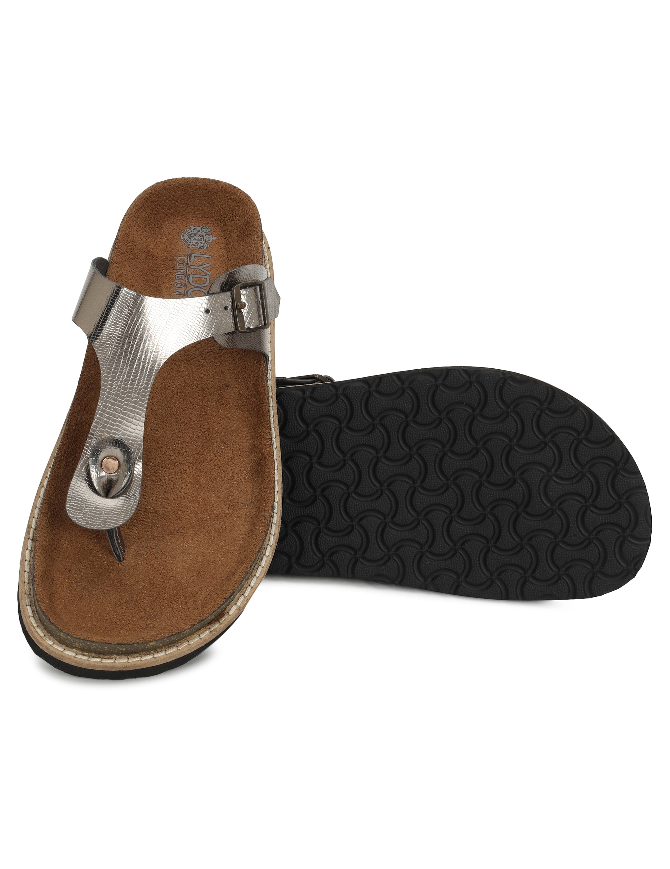LYDC Gunmetal L Grain Sandals For Women Welt-Crafted T-Strap Sandals