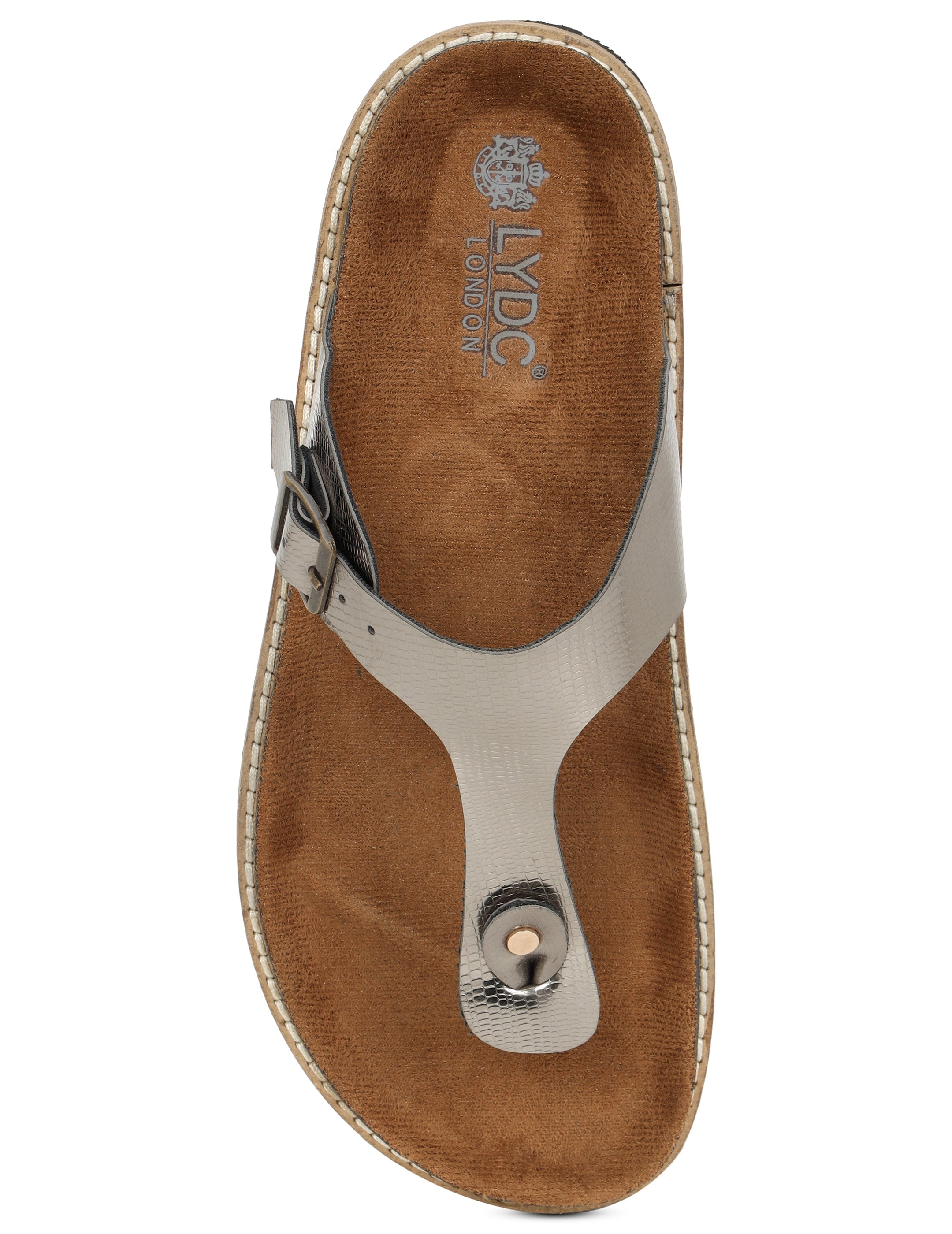 LYDC Gunmetal L Grain Sandals For Women Welt-Crafted T-Strap Sandals