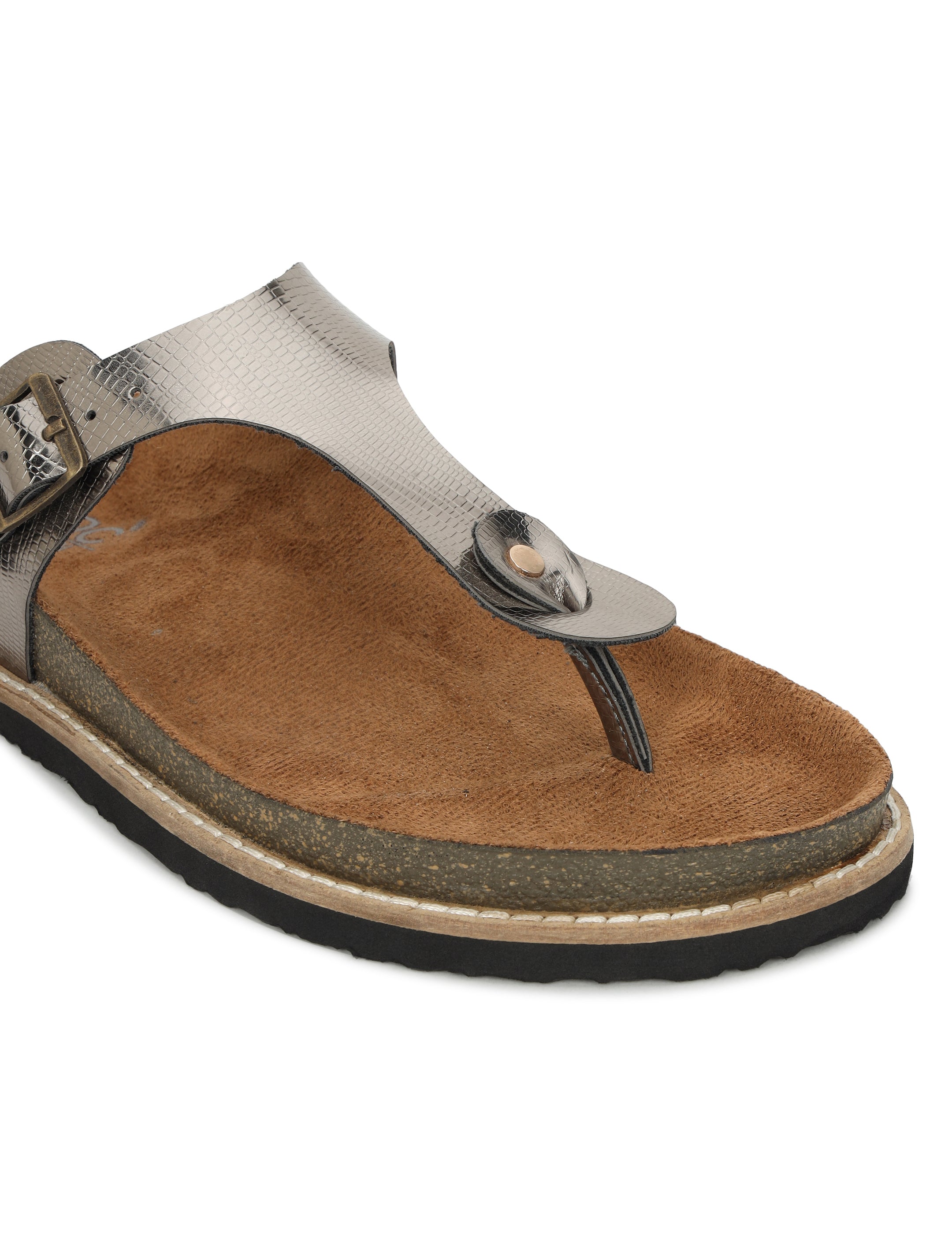 LYDC Gunmetal L Grain Sandals For Women Welt-Crafted T-Strap Sandals