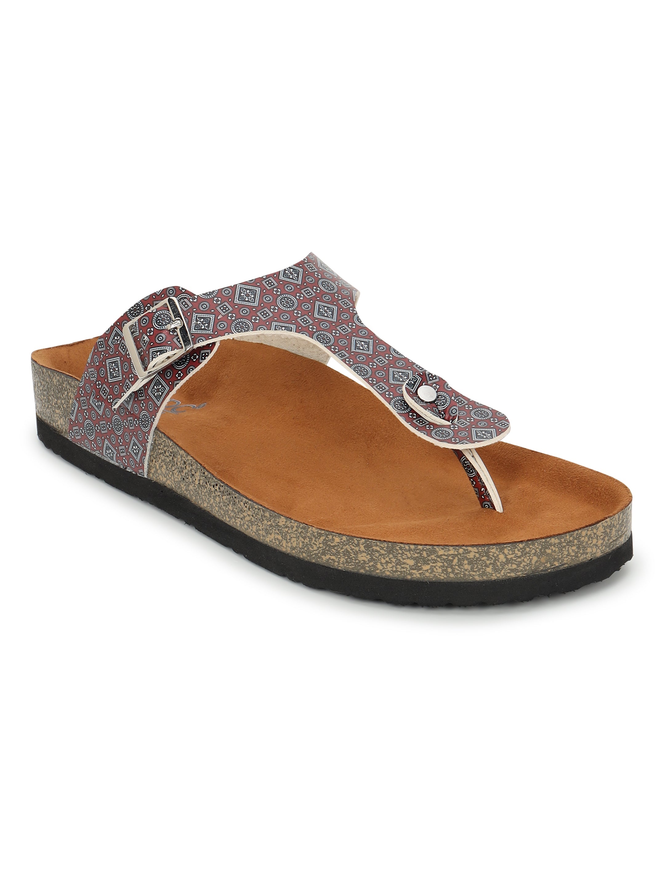 LYDC London - Women's Ajrak Print T Strap Fashion Sandals - Regent - Maroon